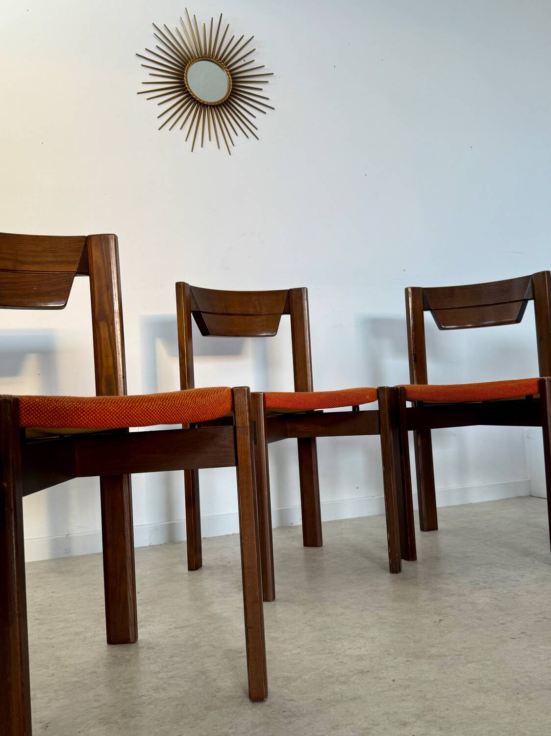 Set of 6 Girsberger Scandinavian style chairs from the 70s, vintage, solid wood, original fabric