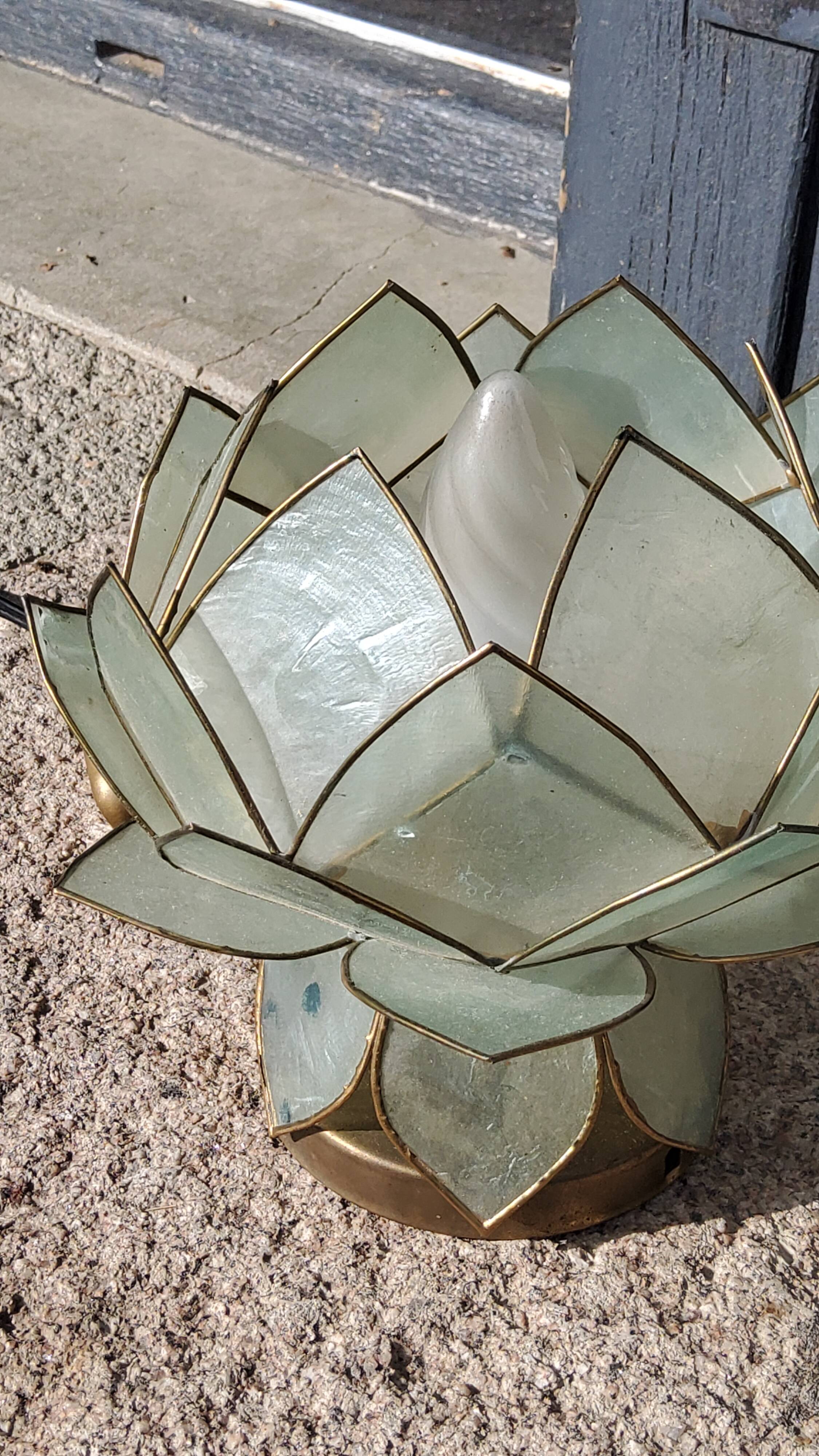 Pair of designer table lamps in turquoise blue green capiz mother-of-pearl from the 70s