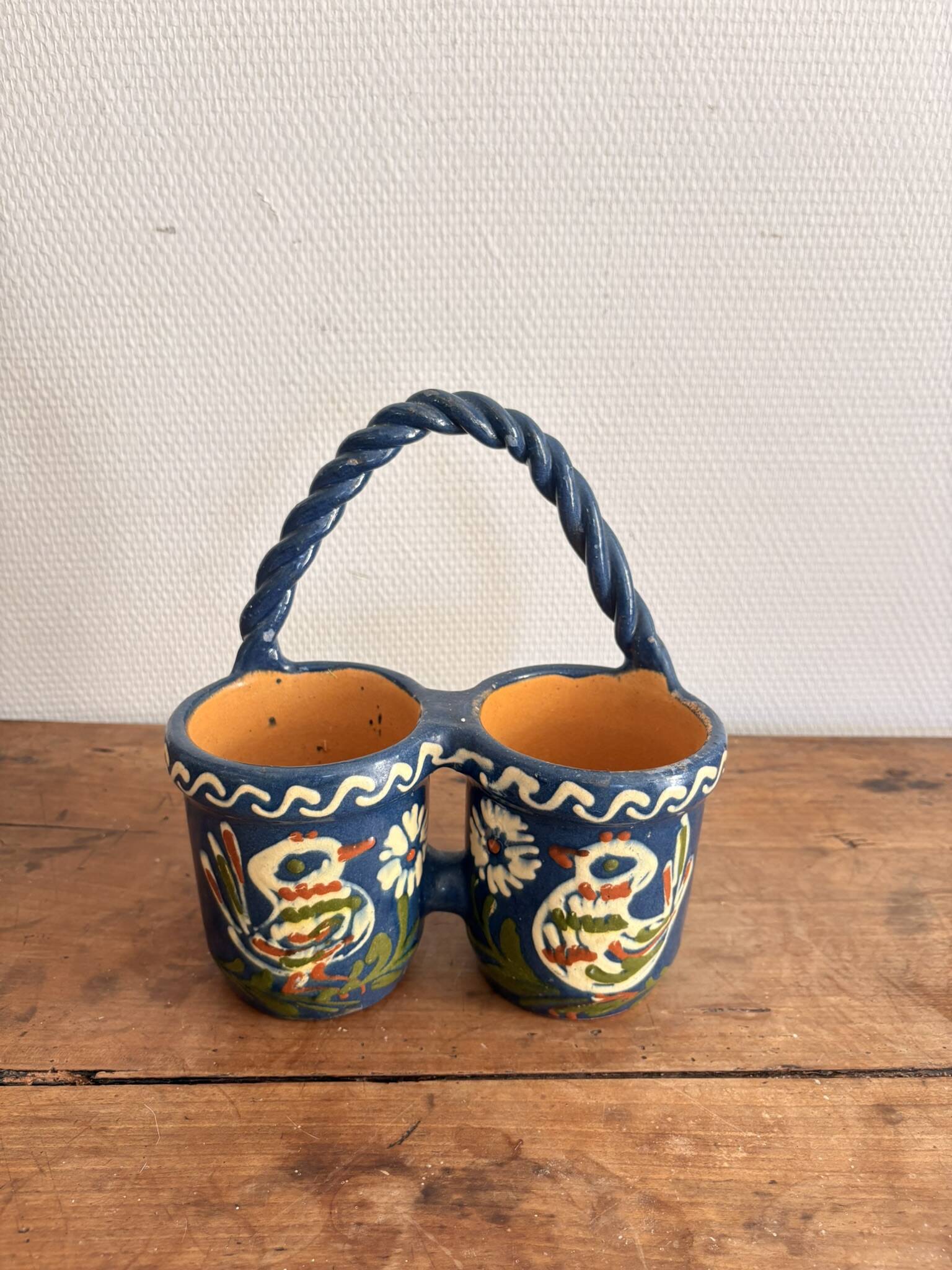Double Pot Pottery Ceramic Terracotta Blue Bird Alsace Twisted Handle