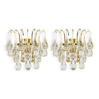 Large pair of gilt brass and crystal wall lights by Palwa, Germany, 1970s.