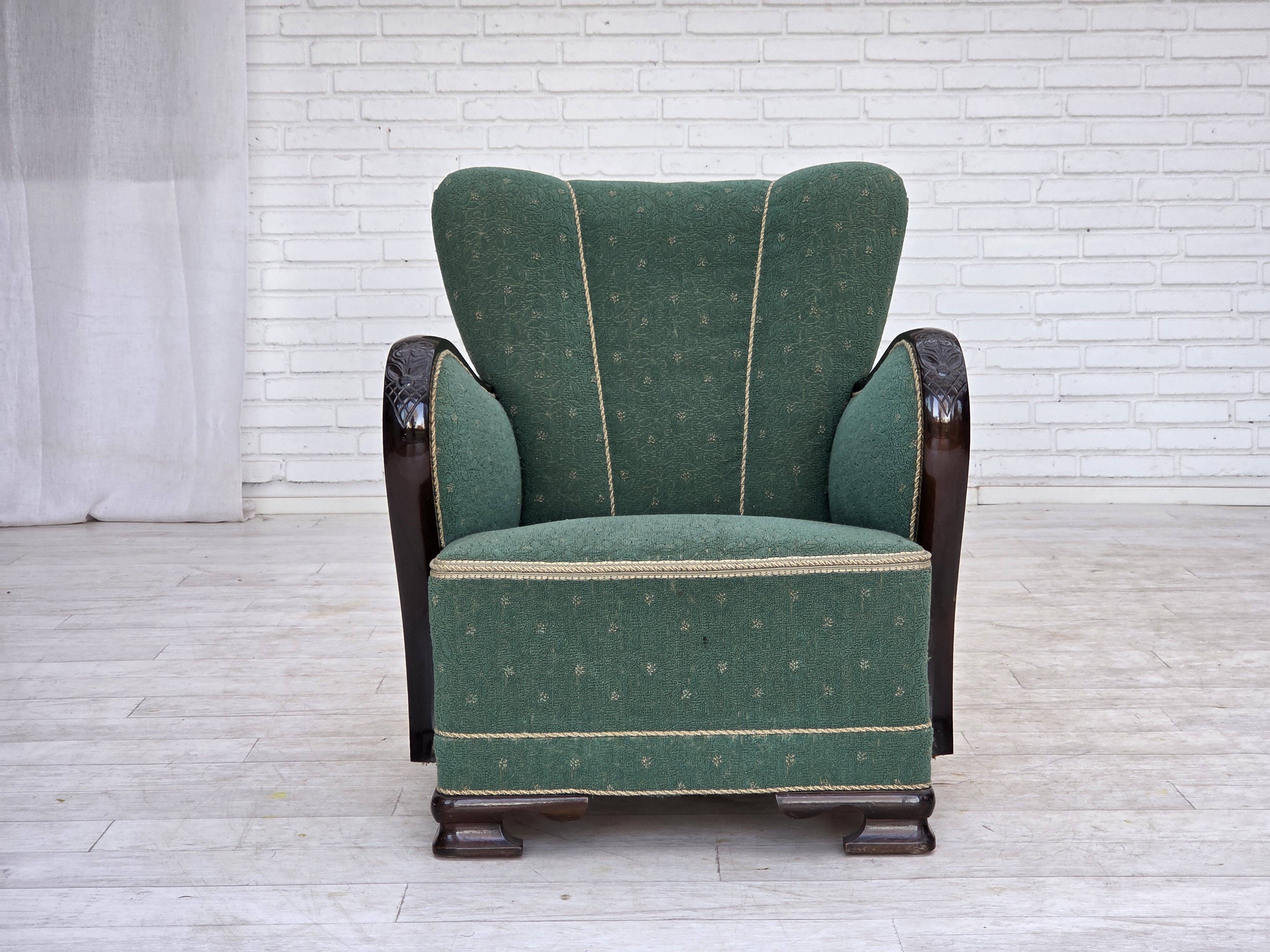 1960s, Danish armchair, green and beige furniture wool.