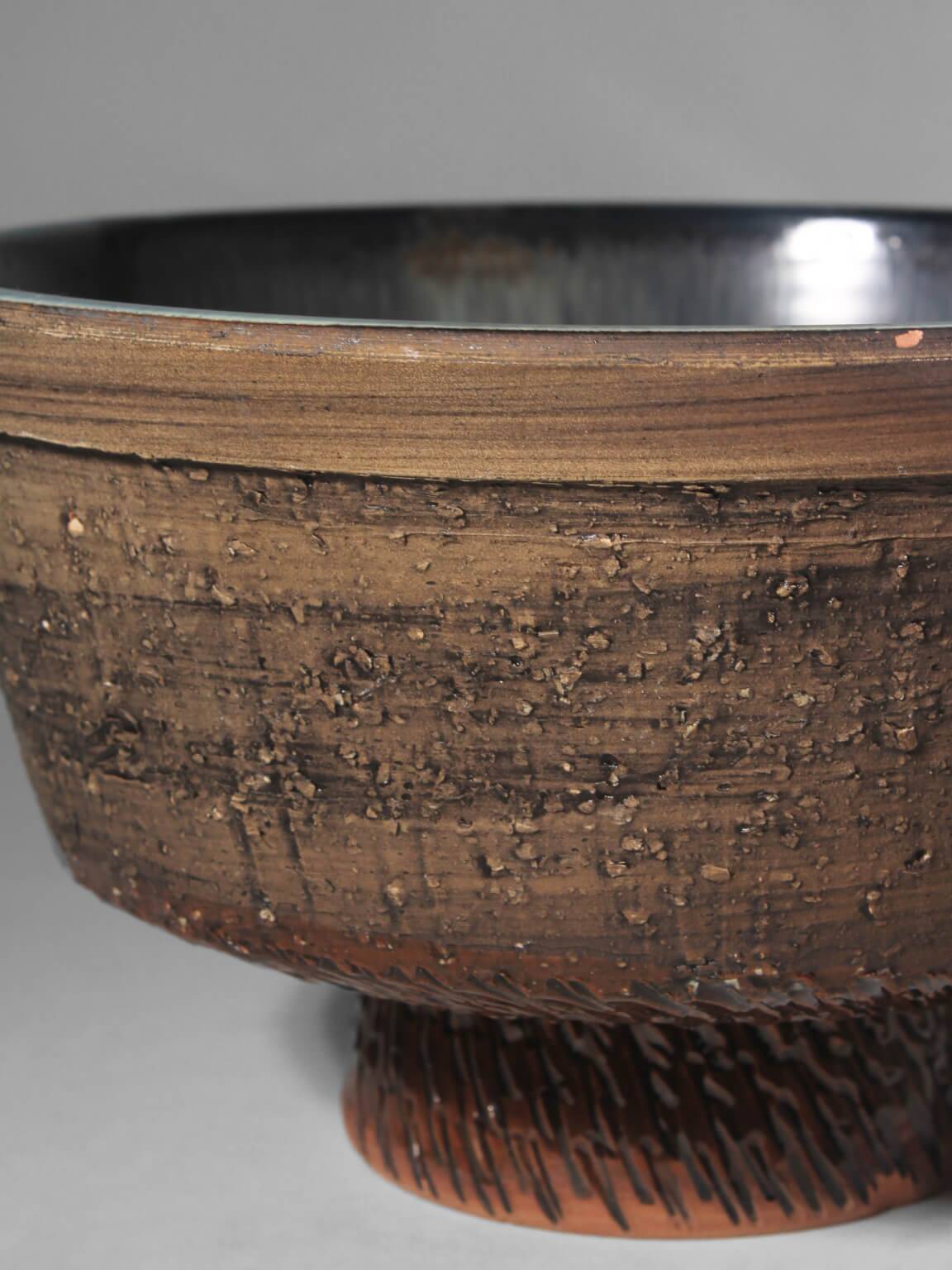 Textured And Glossy Glaze Ceramic Pedestal Bowl From Tilgmans, 1960s