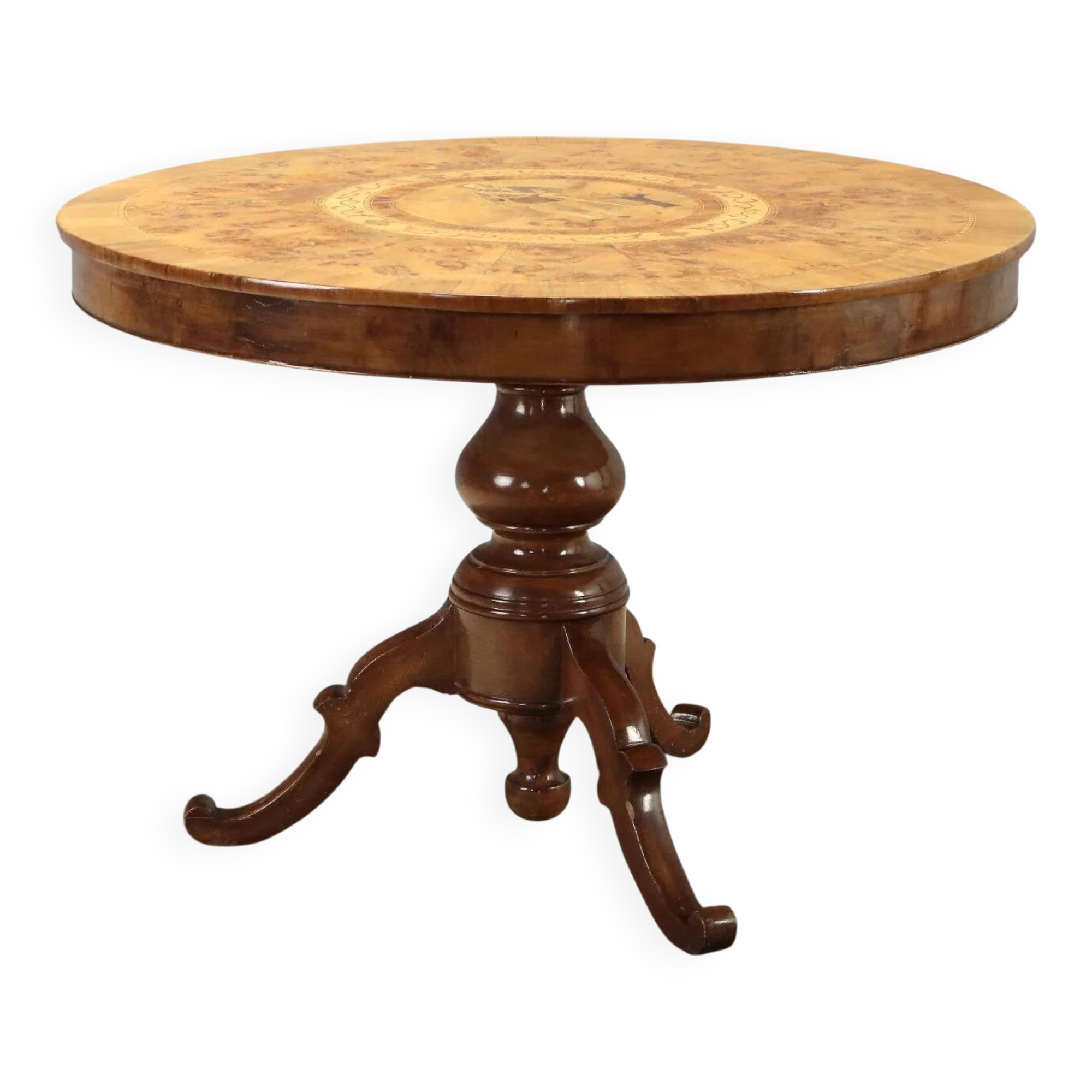 Round walnut table with marquetry of Vittorio Emanuele II
