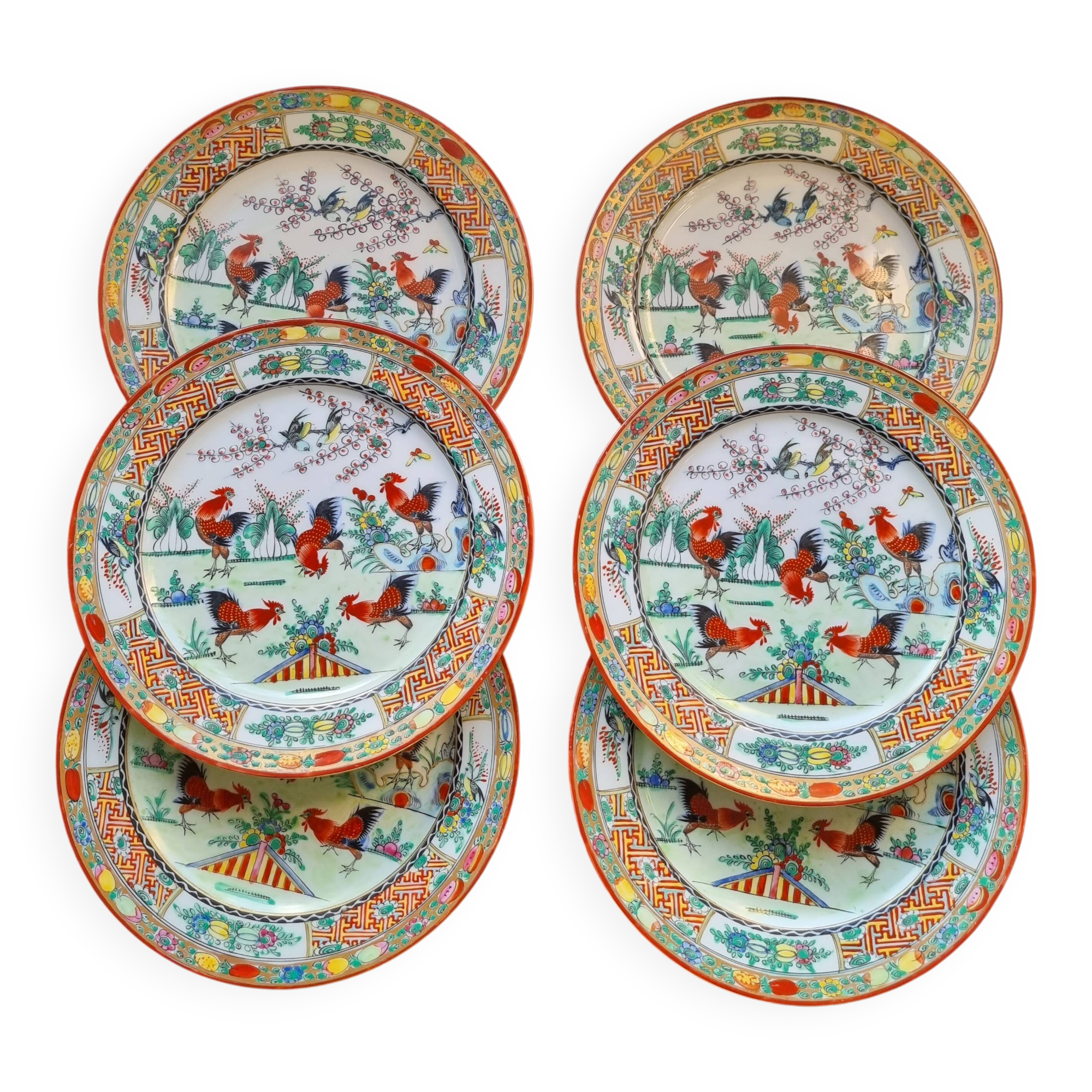 Set of 6 vintage Chinese porcelain plates from Macau (1970) hand painted