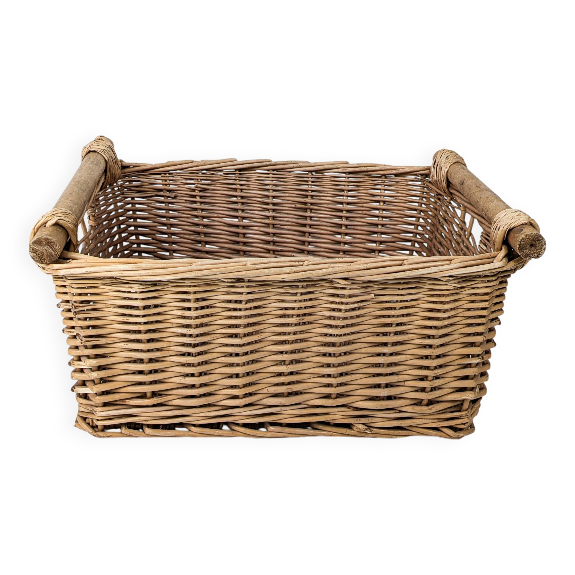 Panier Vintage Anse Rangement Mid Century Panier en osier tressé marron Travail manuel Hygge Skandi