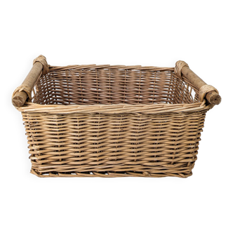 Panier Vintage Anse Rangement Mid Century Panier en osier tressé marron Travail manuel Hygge Skandi