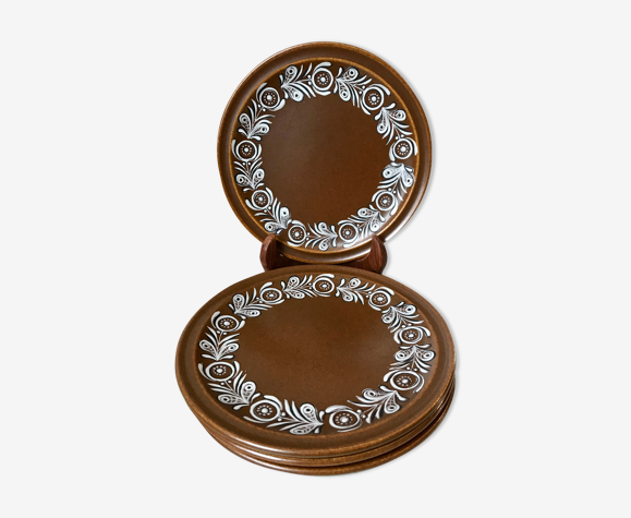 Lot de 4 assiettes à dessert en grès peintes à la main années 70