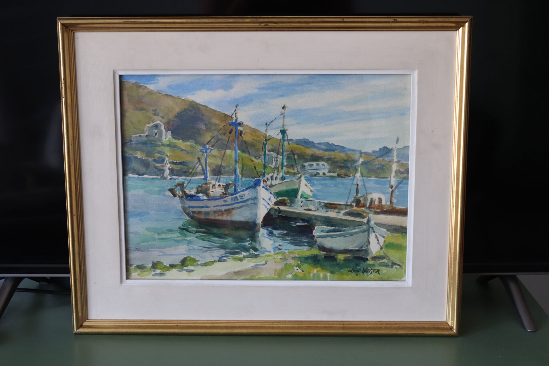 Watercolour painting "Trawlers at Anchor – Port-Vendres" signed Loui