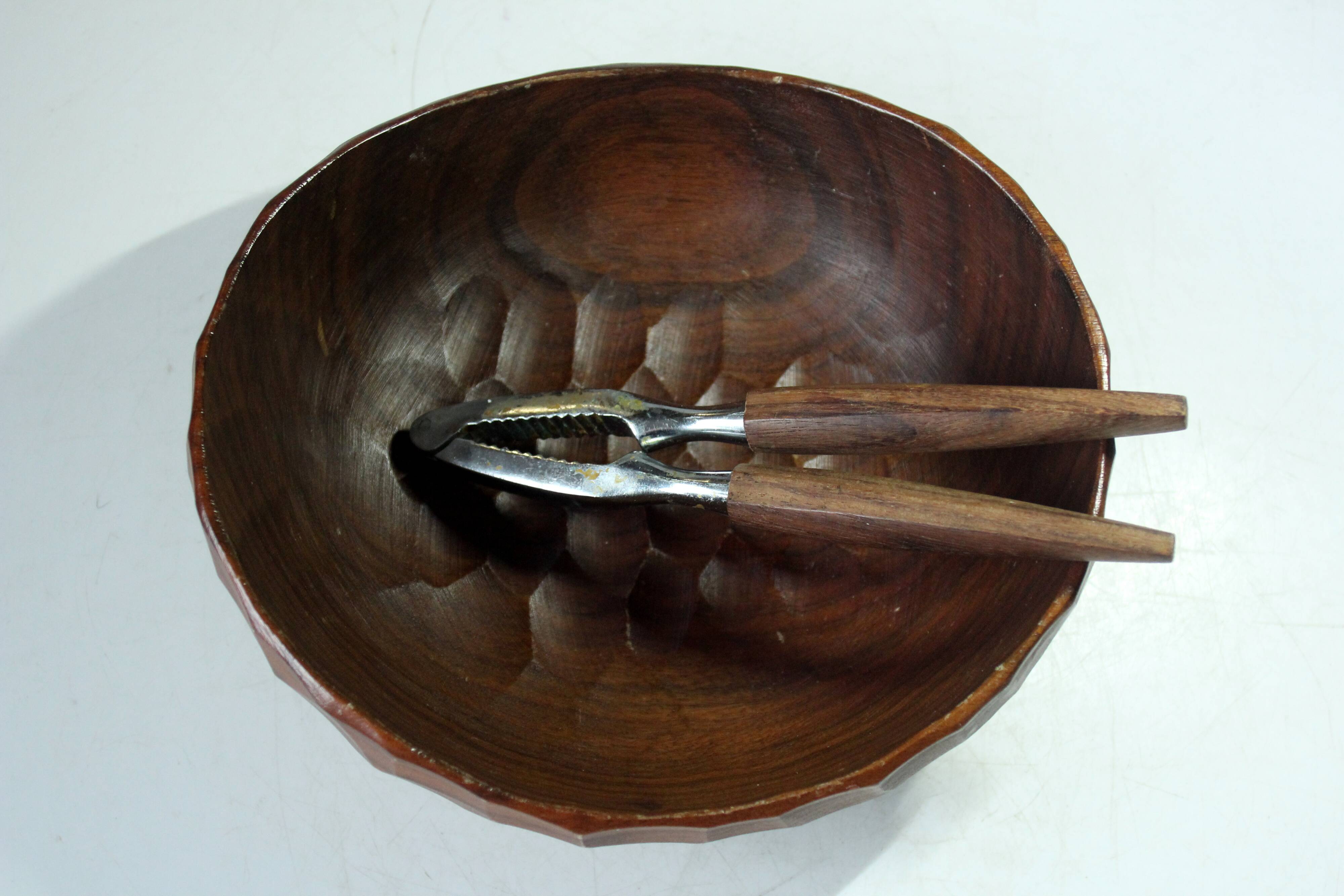 Handmade teak serving bowl with a nutcracker as a set, vintage from the 1960s