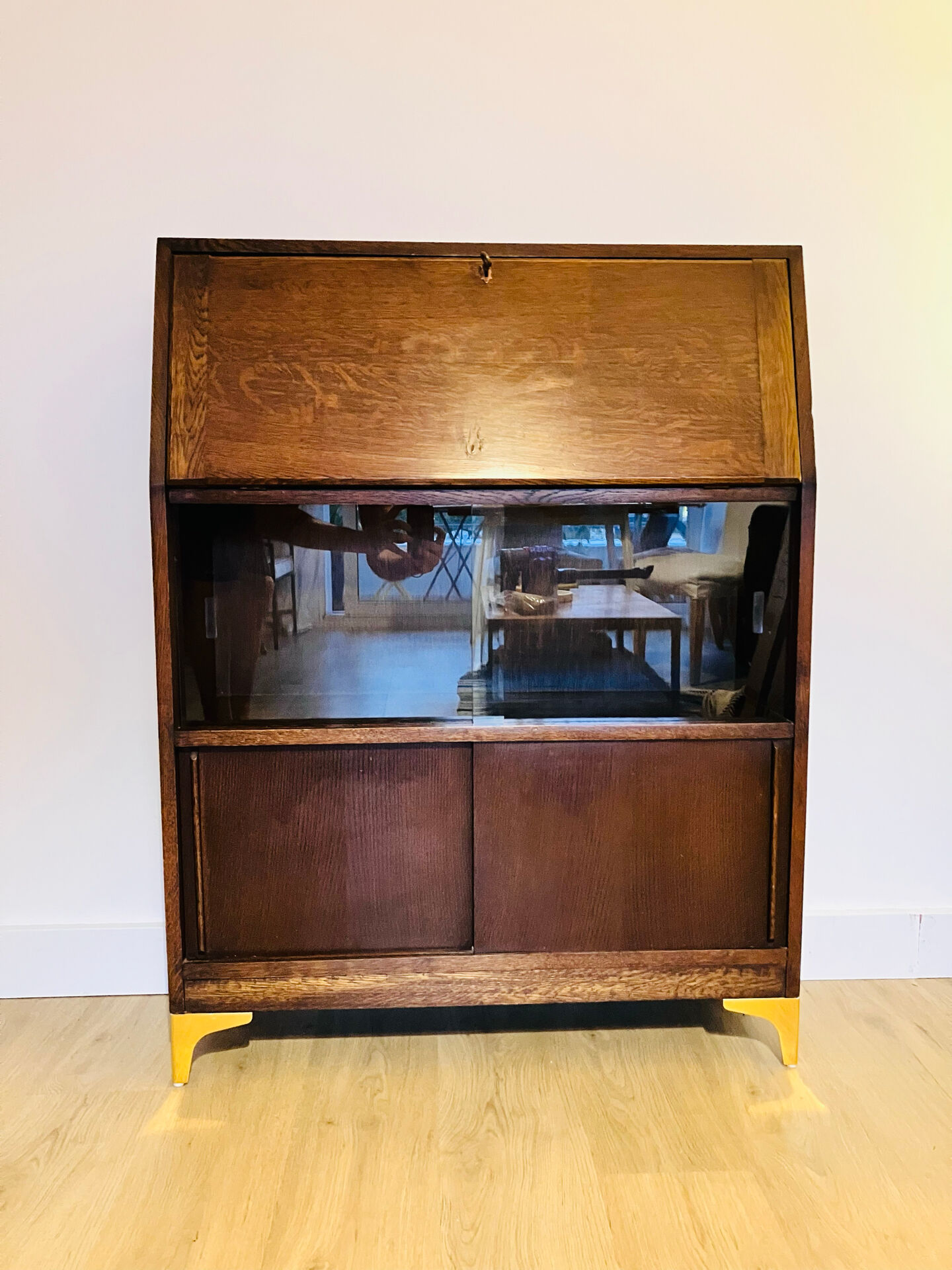 Solid oak secretary with golden feet