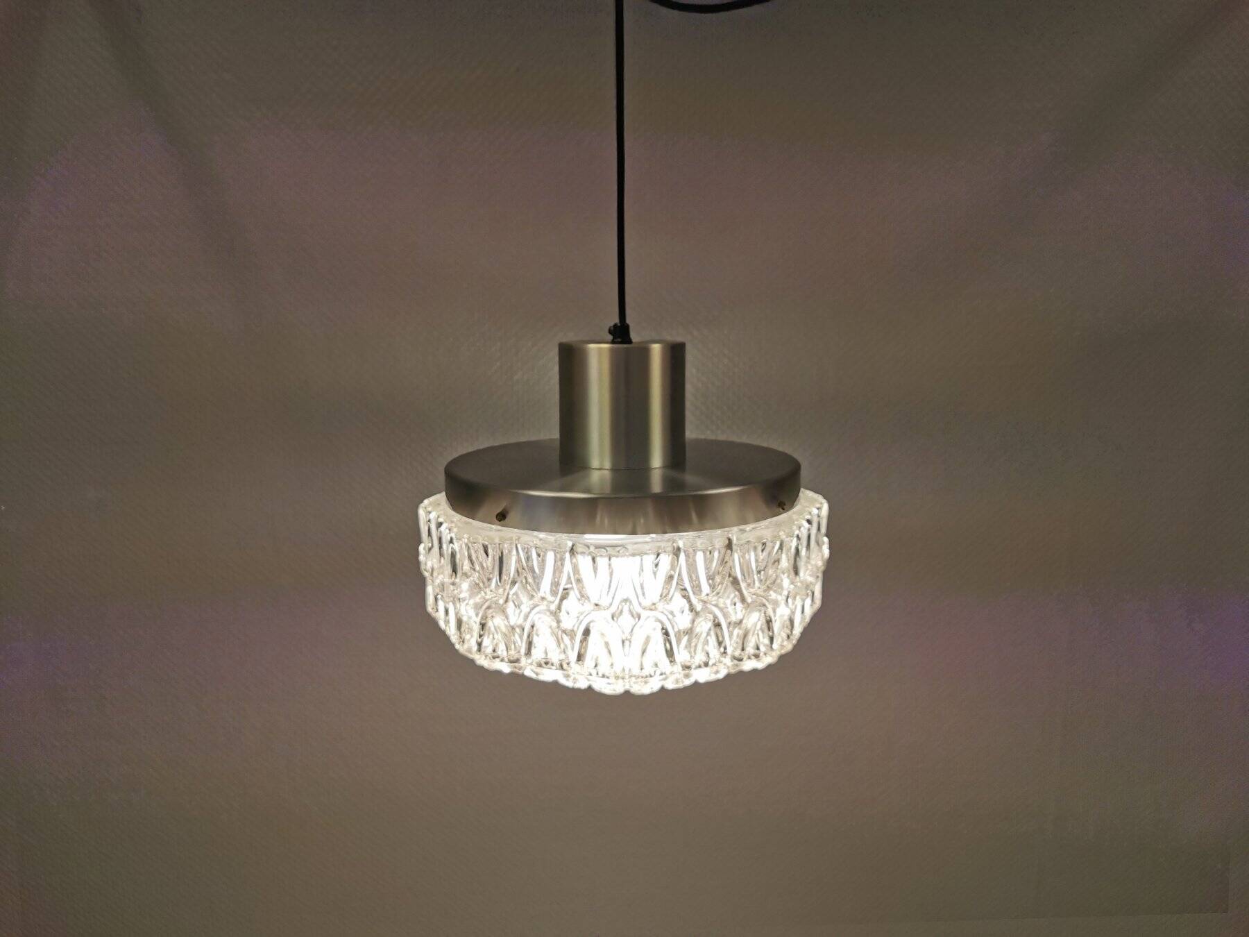 Beautiful hanging lamp in aluminium and hard-pressed crystal glass, probably Swedish