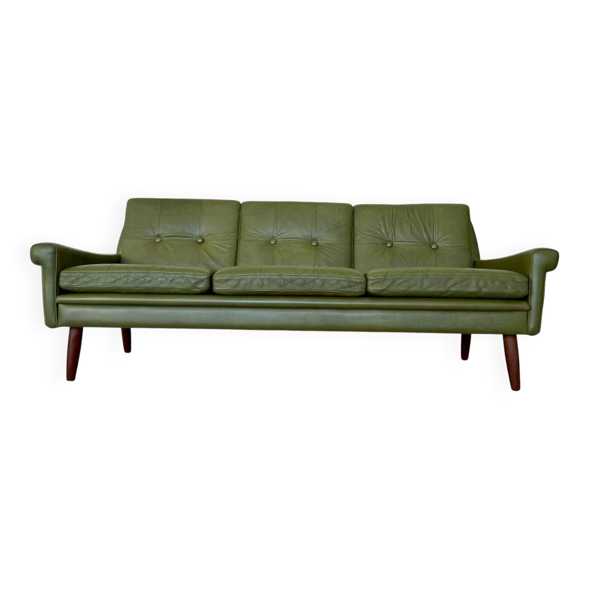Vintage Danish mid-century Svend Skipper 3 person sofa in olive green leather 1965