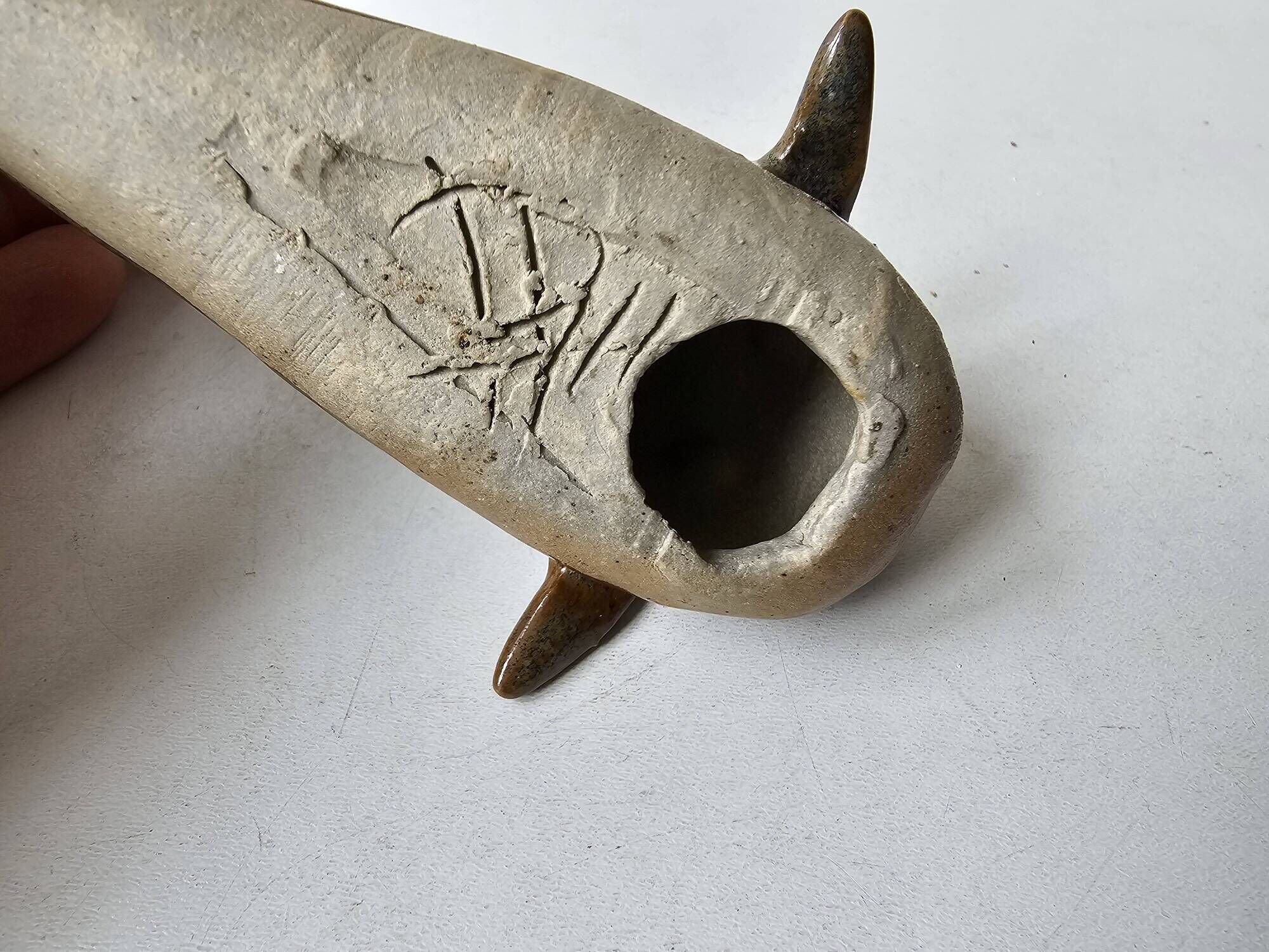 Blue ceramic whale sculpture signed (Signature to be identified)