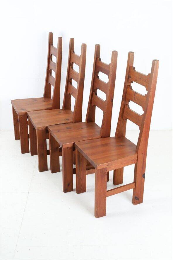 Set of 4 pinewood chairs by Sven Larsson / 1970s / Brutalism / Postmodern design