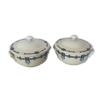 Pair of old sweet jars with a blue and green pattern.