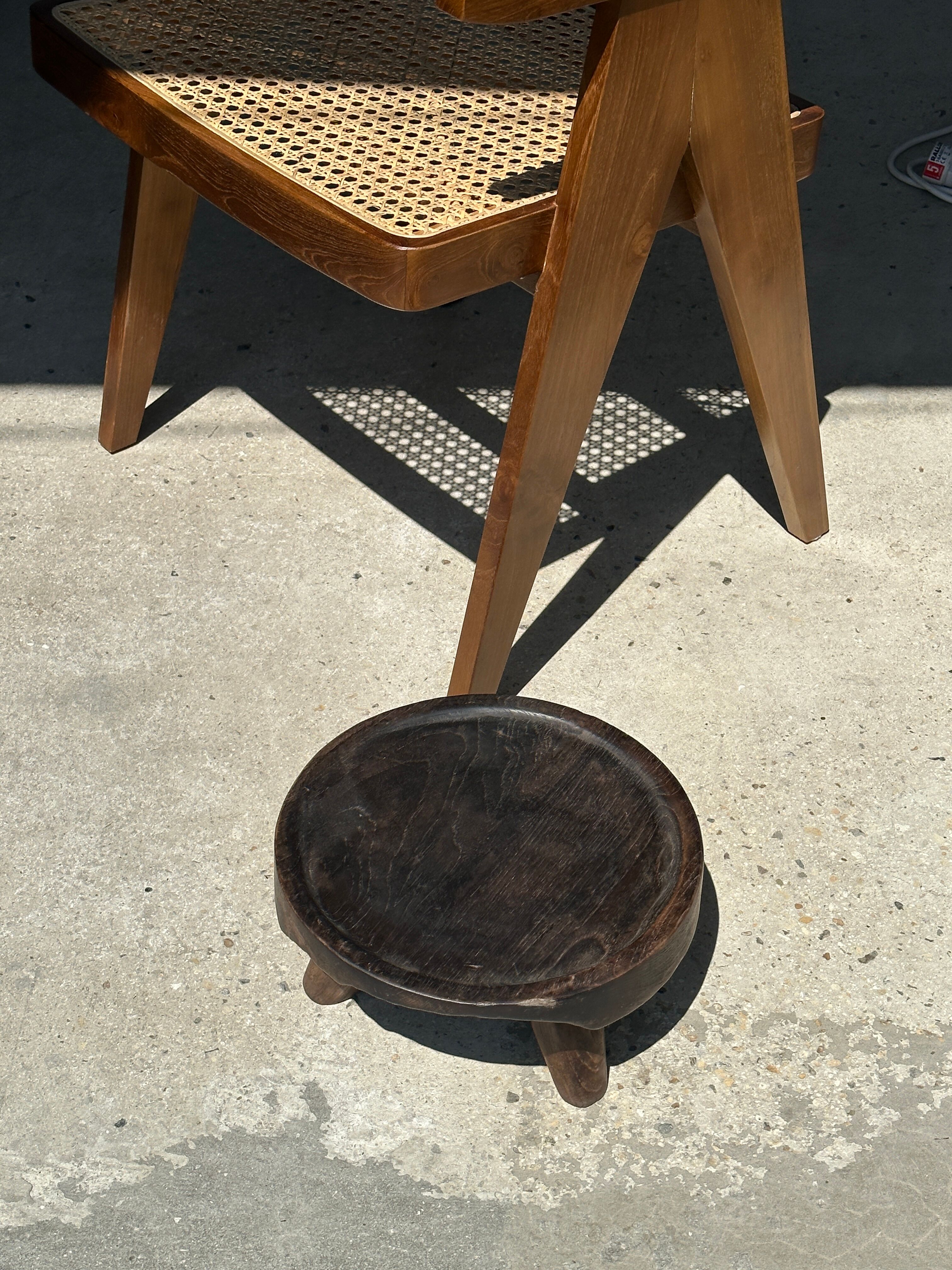 Small tripod stool low in dark brown upcycled teak