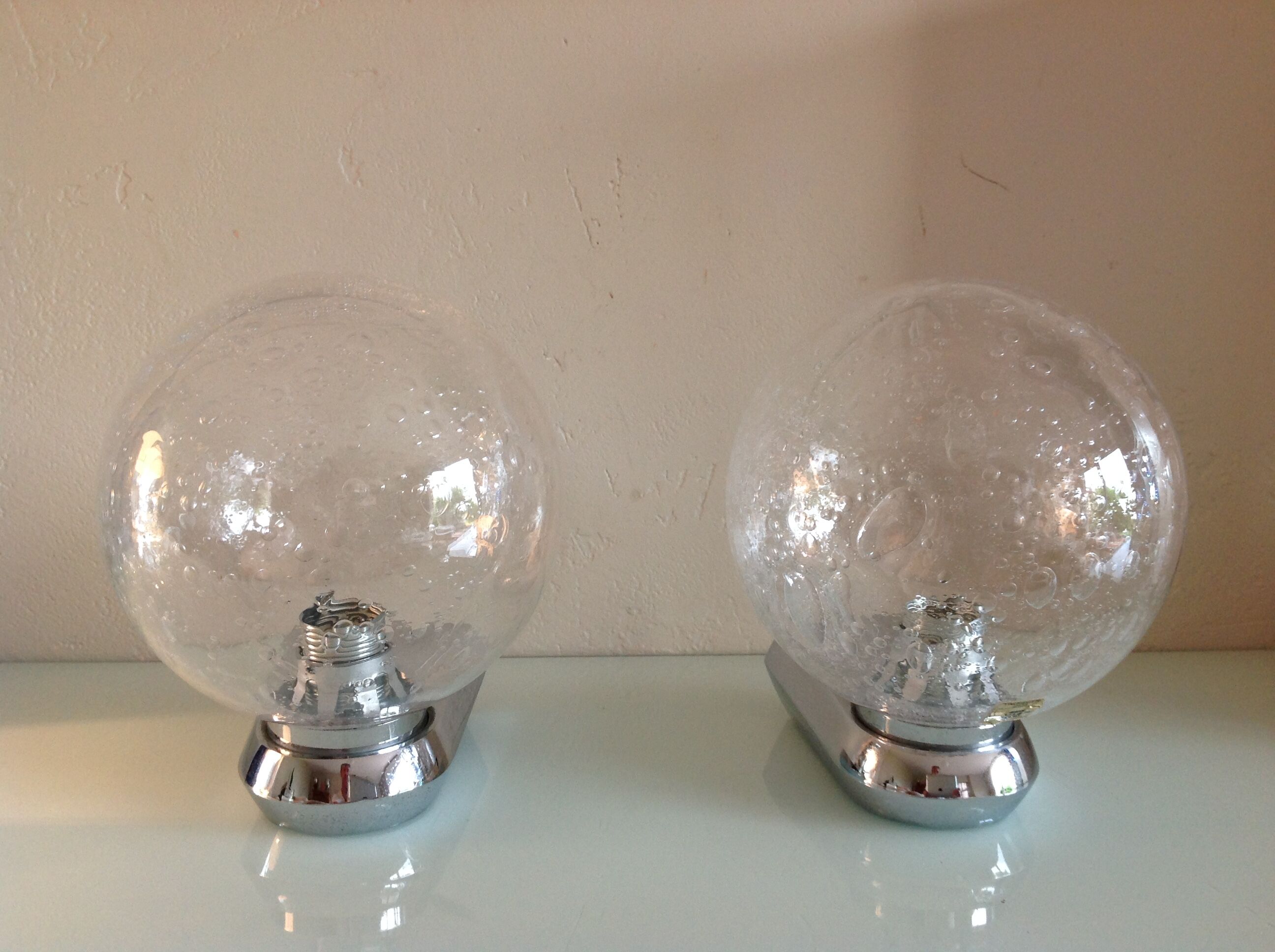 Pair of chrome sconces and crystal globe bubbled by Keuco / vintage 70s