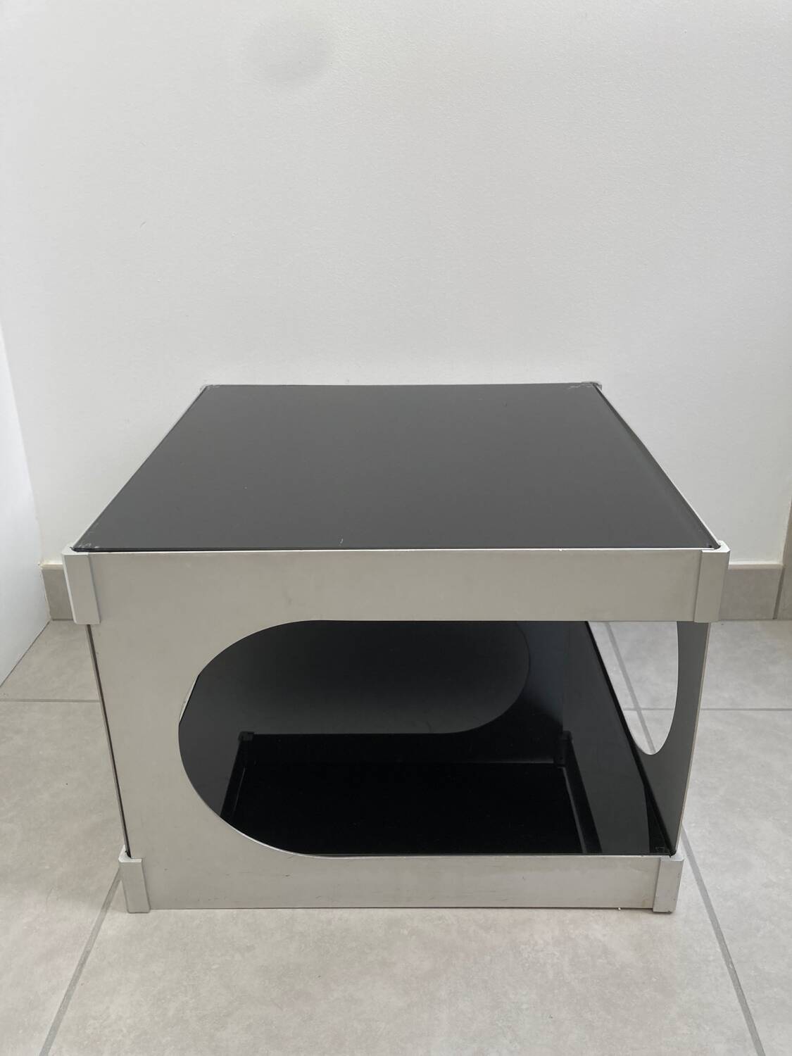 70s aluminum and glass side table
