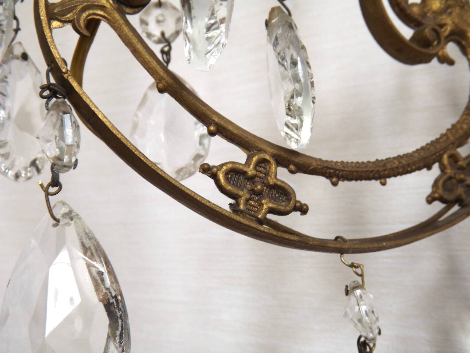 French Vintage Double Bronze & Crystal Wall Light - Stylized Dolphin Detail