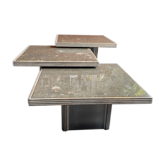 Set of three wooden and stone coffee tables
