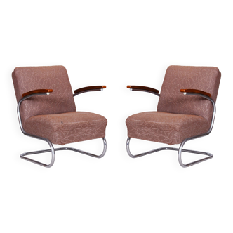 Restored Bauhaus Pair of Brown Armchairs, Mücke - Melder, Czechia, 1930s