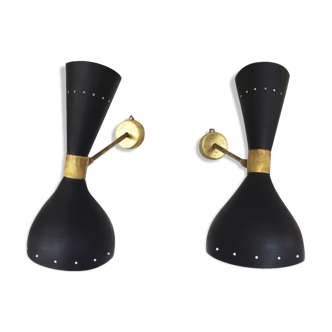 Paire d'appliques noires et laiton de desgin 1950
