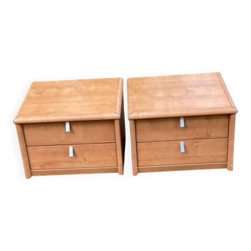 2 French Gauthier bedside tables in light wood with 2 drawers.