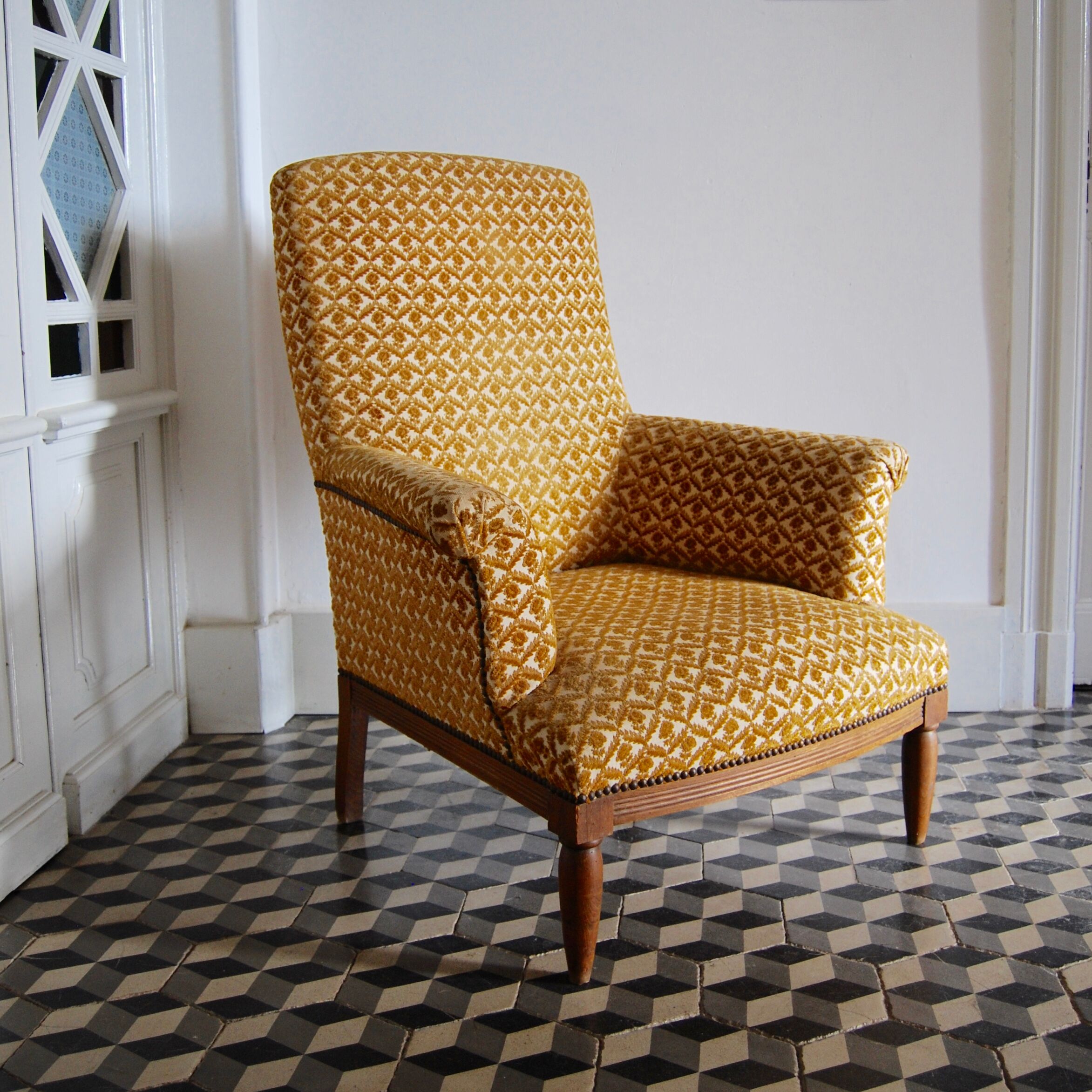 Armchair studded velvet damask vintage English