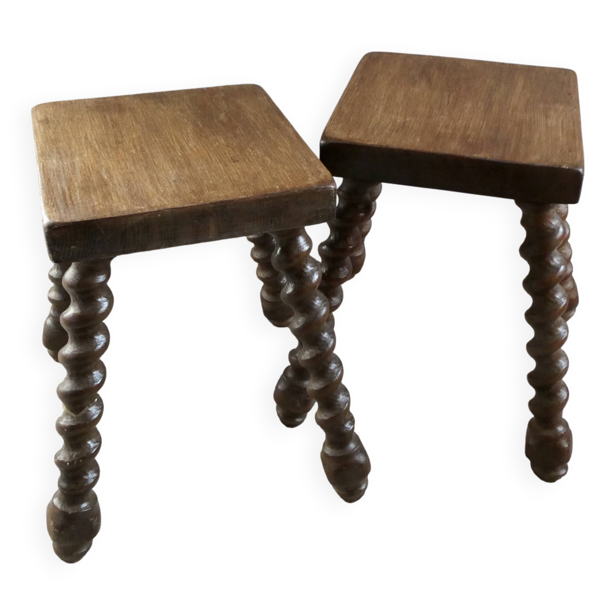 Pair of solid wood stools, carved legs