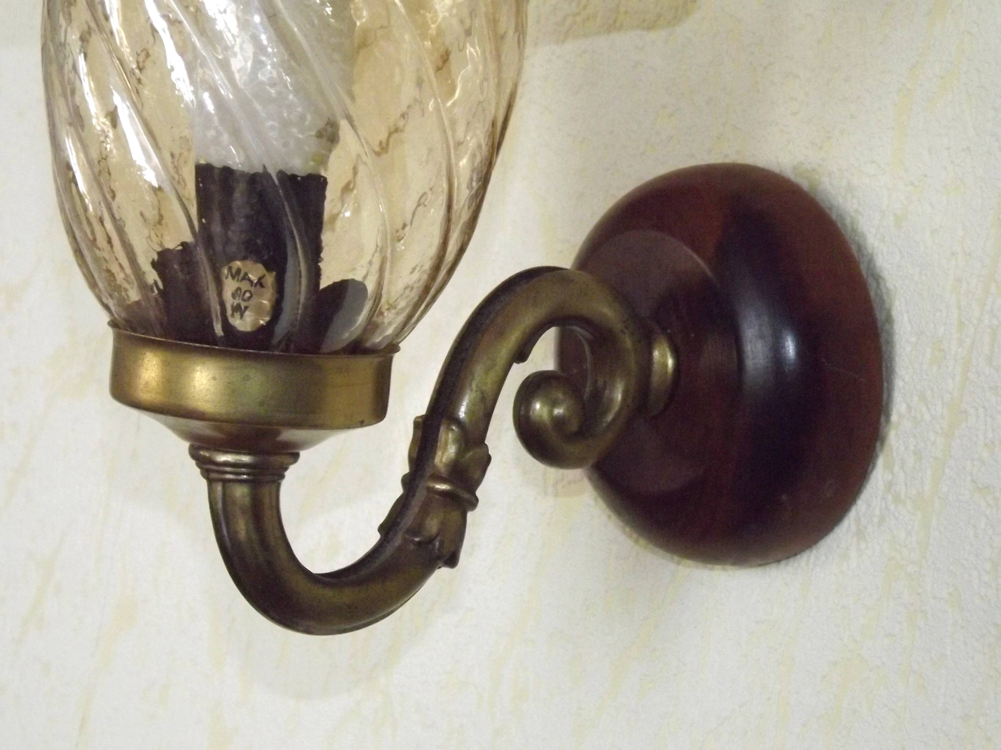 Vintage wooden and metal wall light with bronze effect, amber glass shade 5168