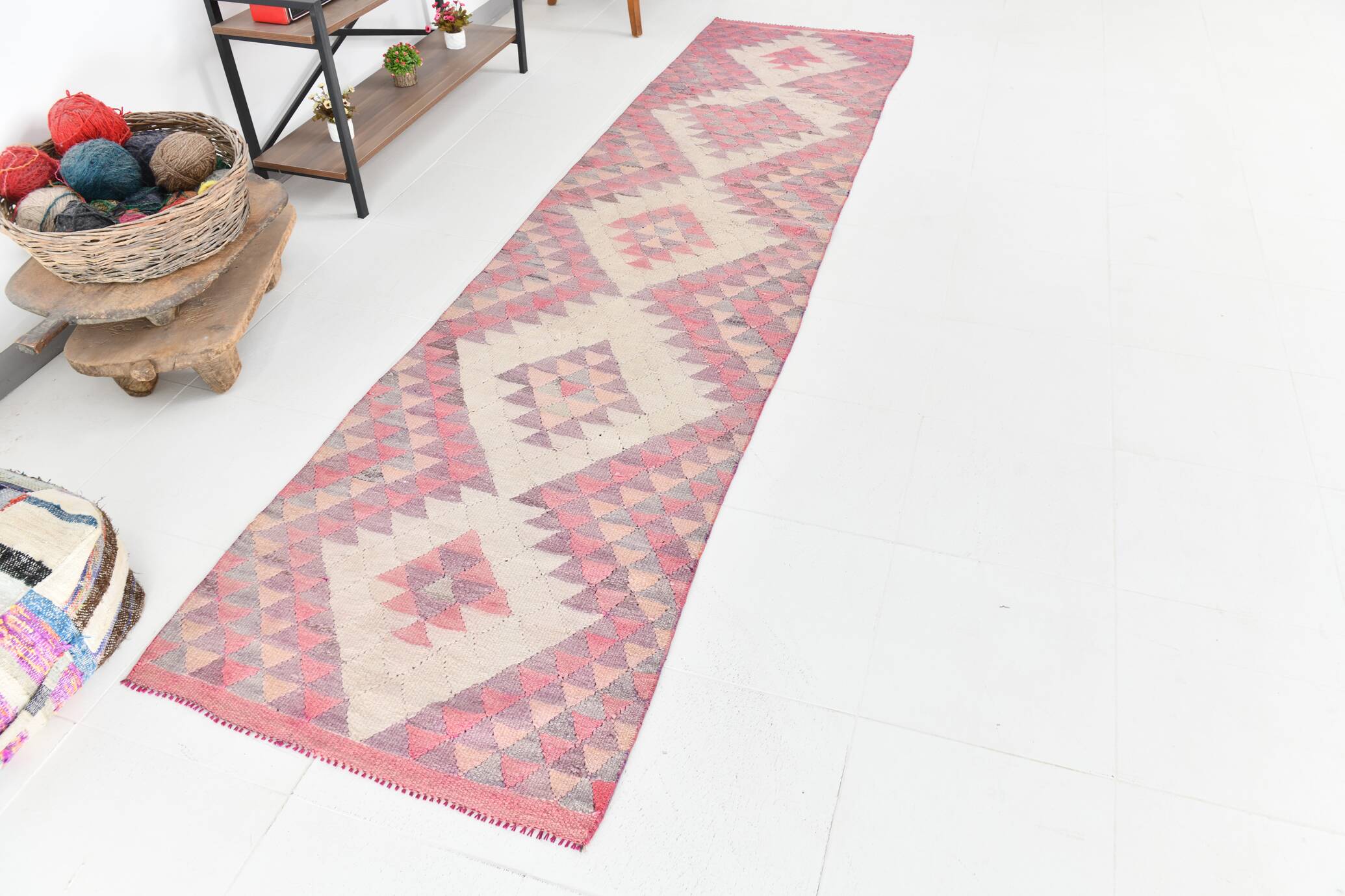 3x12 Pink Purple Kilim Runner Rug 84x347Cm