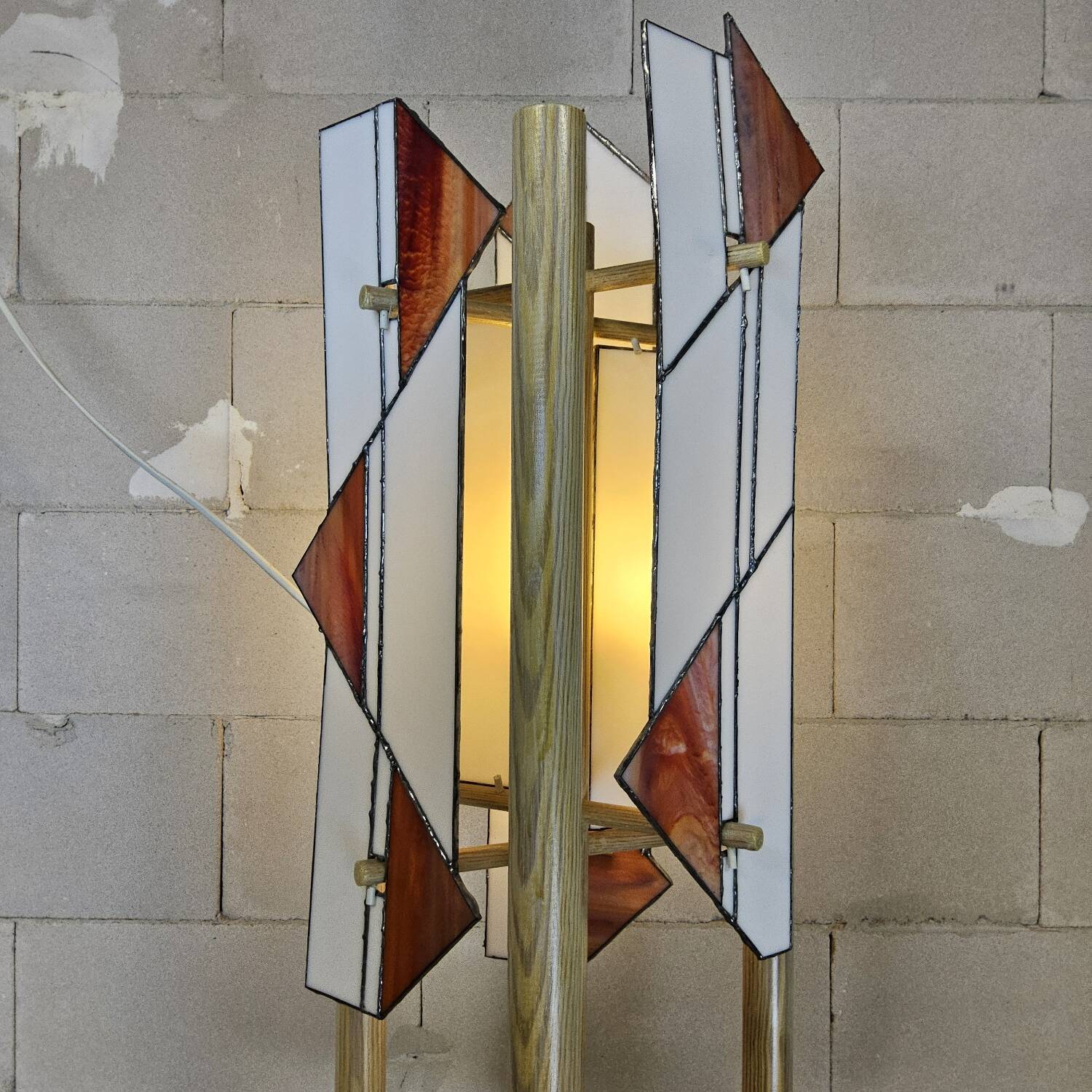 Pine wood floor lamp with handmade stained glass in Japandi style.