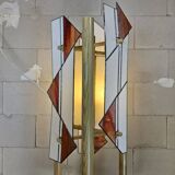 Pine wood floor lamp with handmade stained glass in Japandi style.