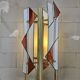 Pine wood floor lamp with handmade stained glass in Japandi style.