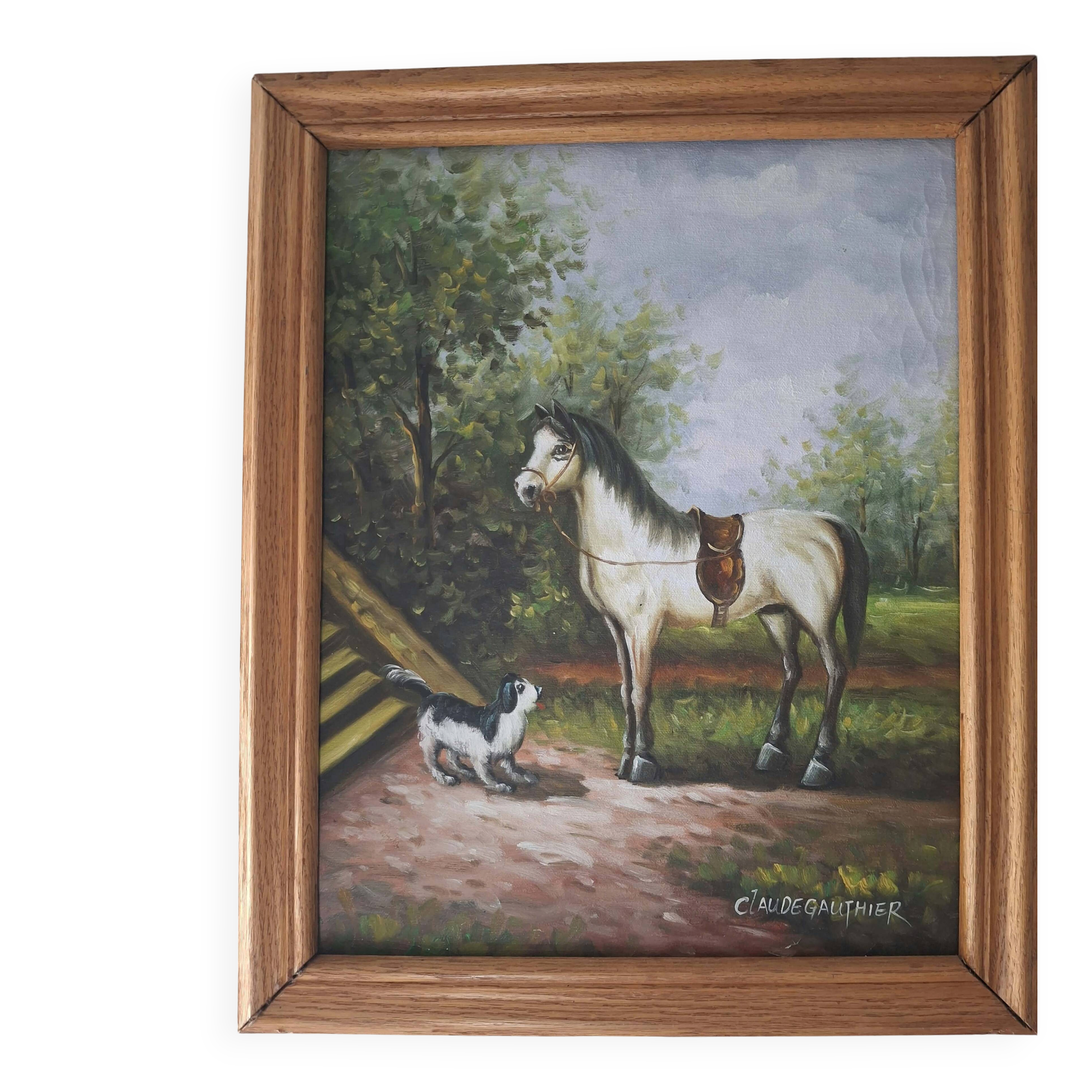 Table by claude gauthier: equestrian portrait with a horse in a park.