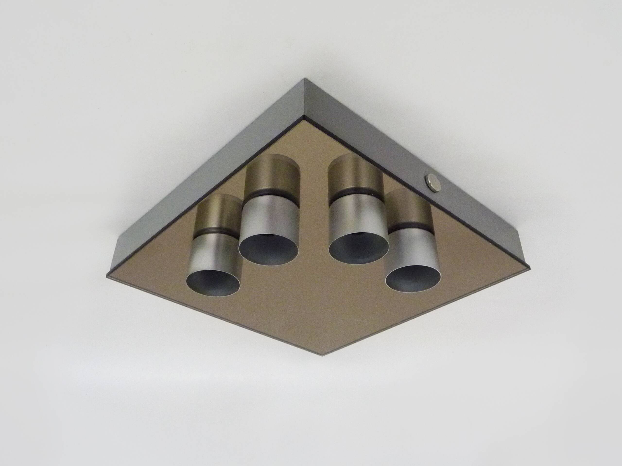Vintage smoked mirror ceiling light with 4 bulbs, stainless steel structure and mirror.