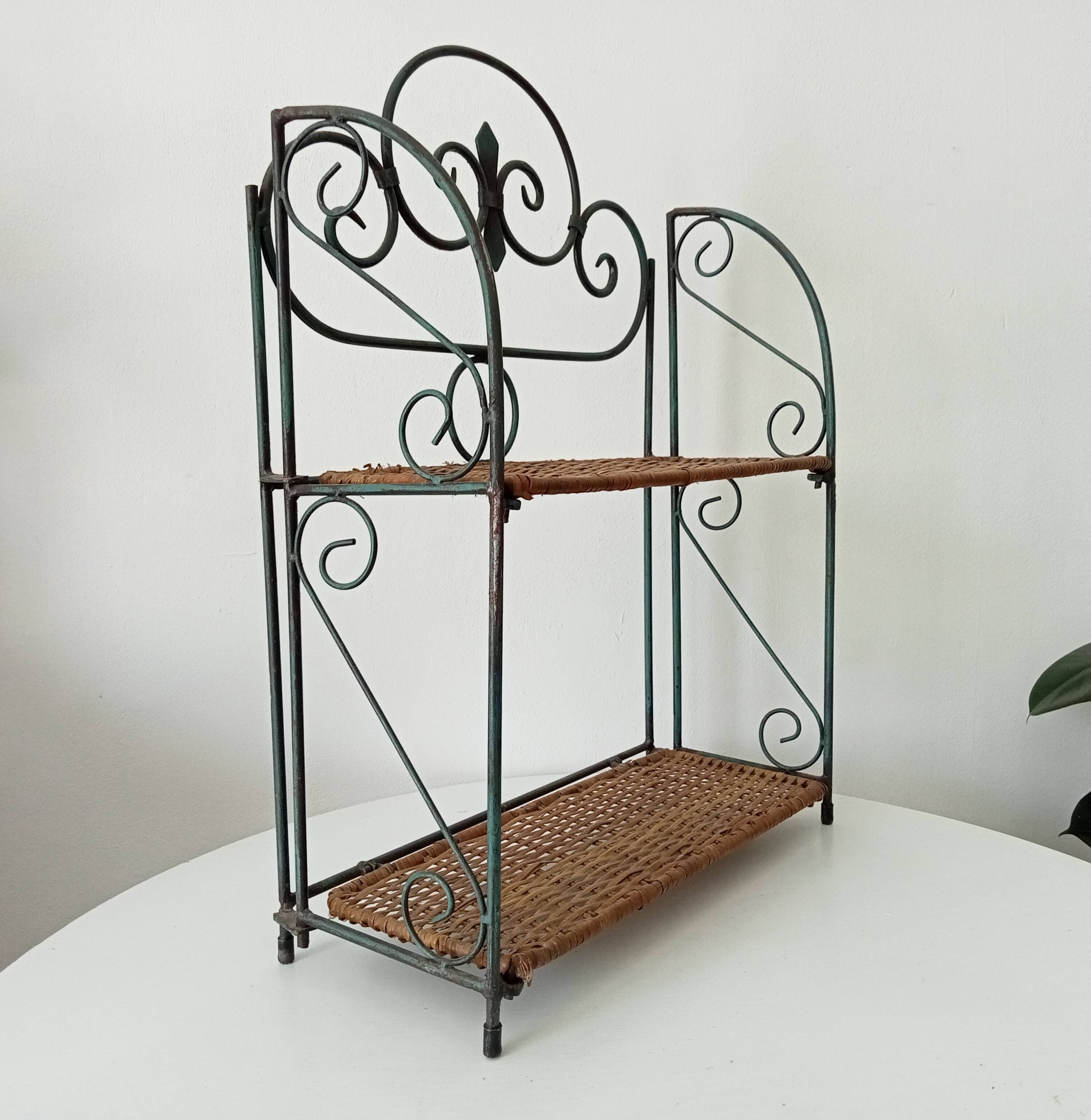 Vintage wall or table shelf in wrought iron and rattan