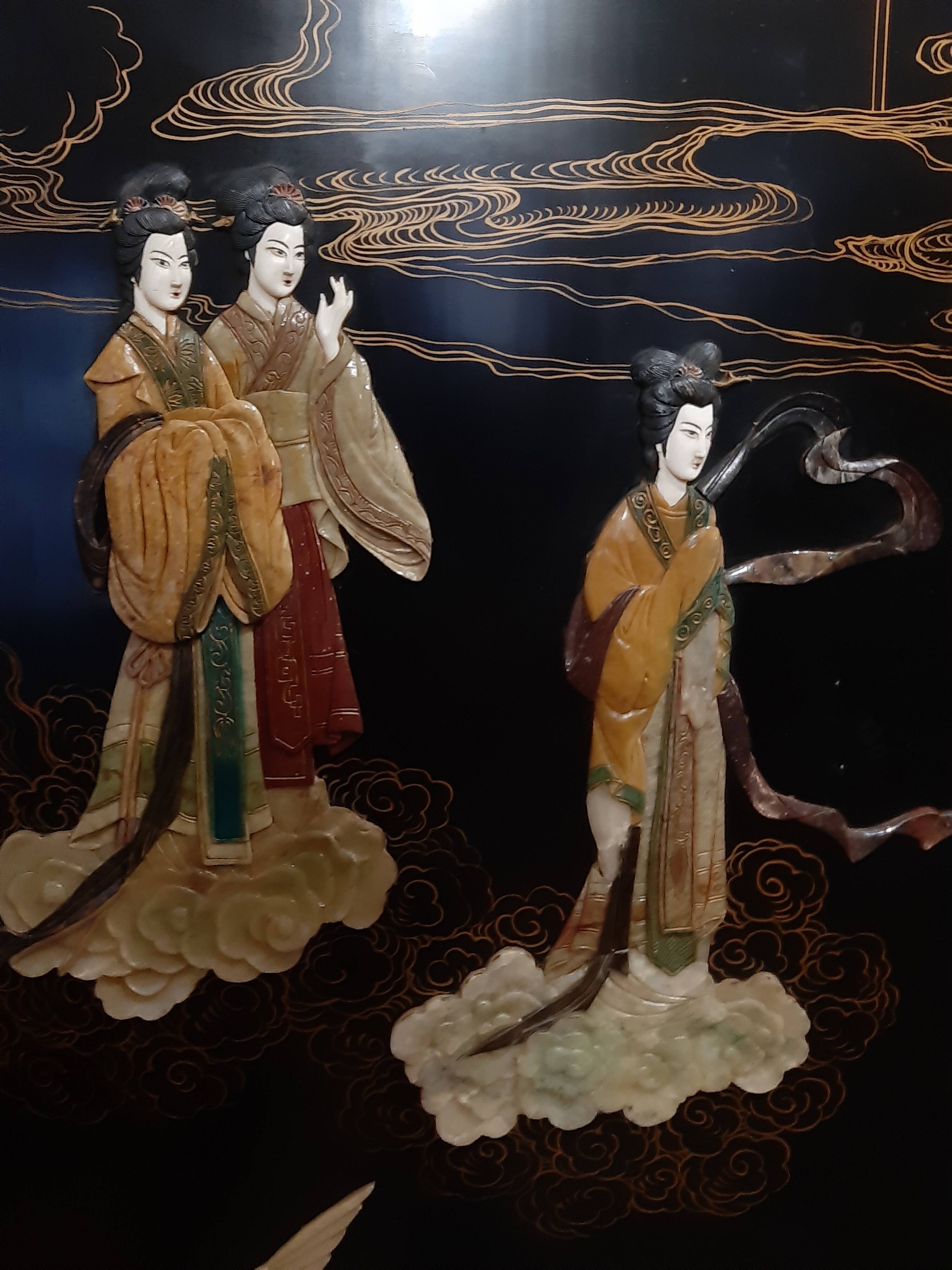 Chinese screen laqué wood and stone marquetry