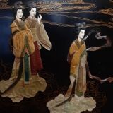 Chinese screen laqué wood and stone marquetry