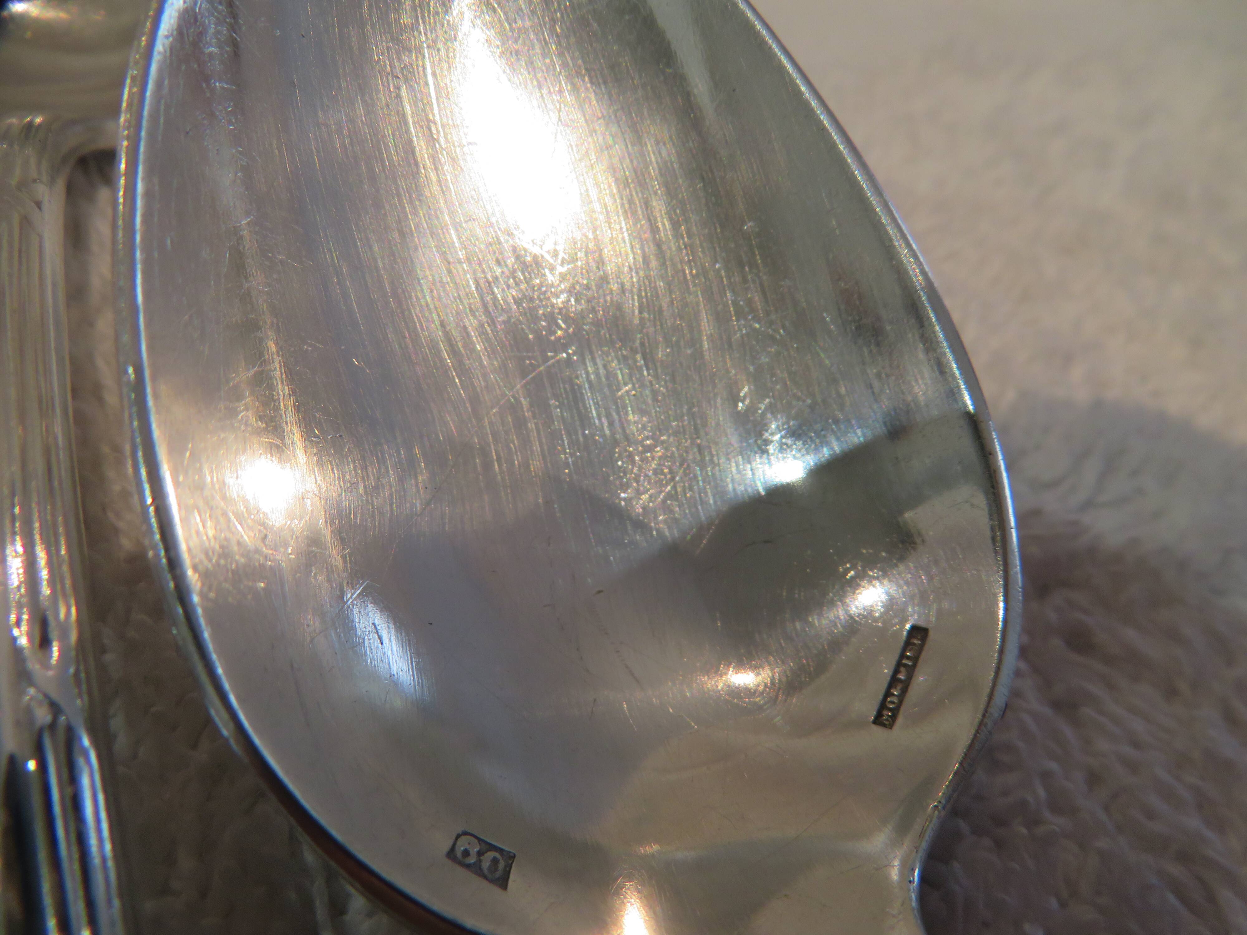 8 Louis XVI style silver plated dessert spoons with Mornier rushes 18.6cm