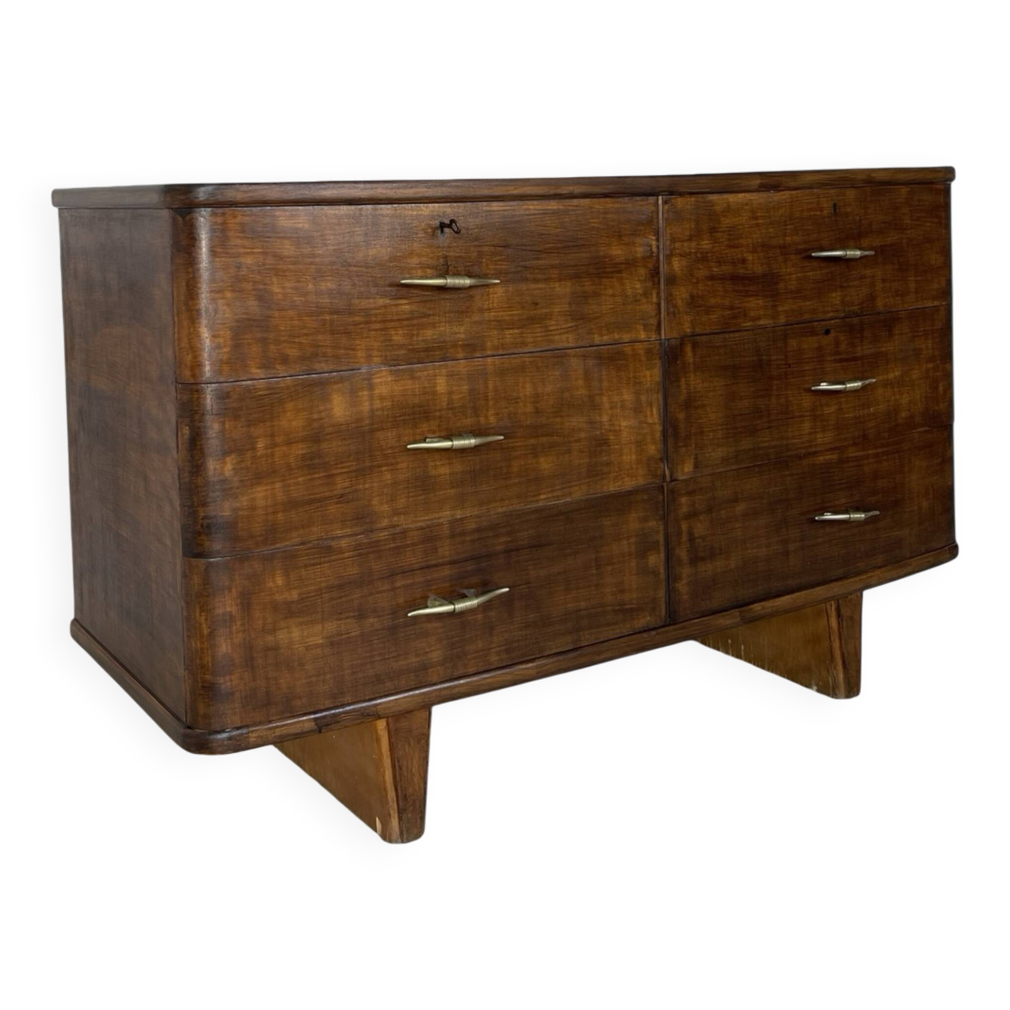 A vintage Italian chest of drawers, made of veneered walnut and solid wood,