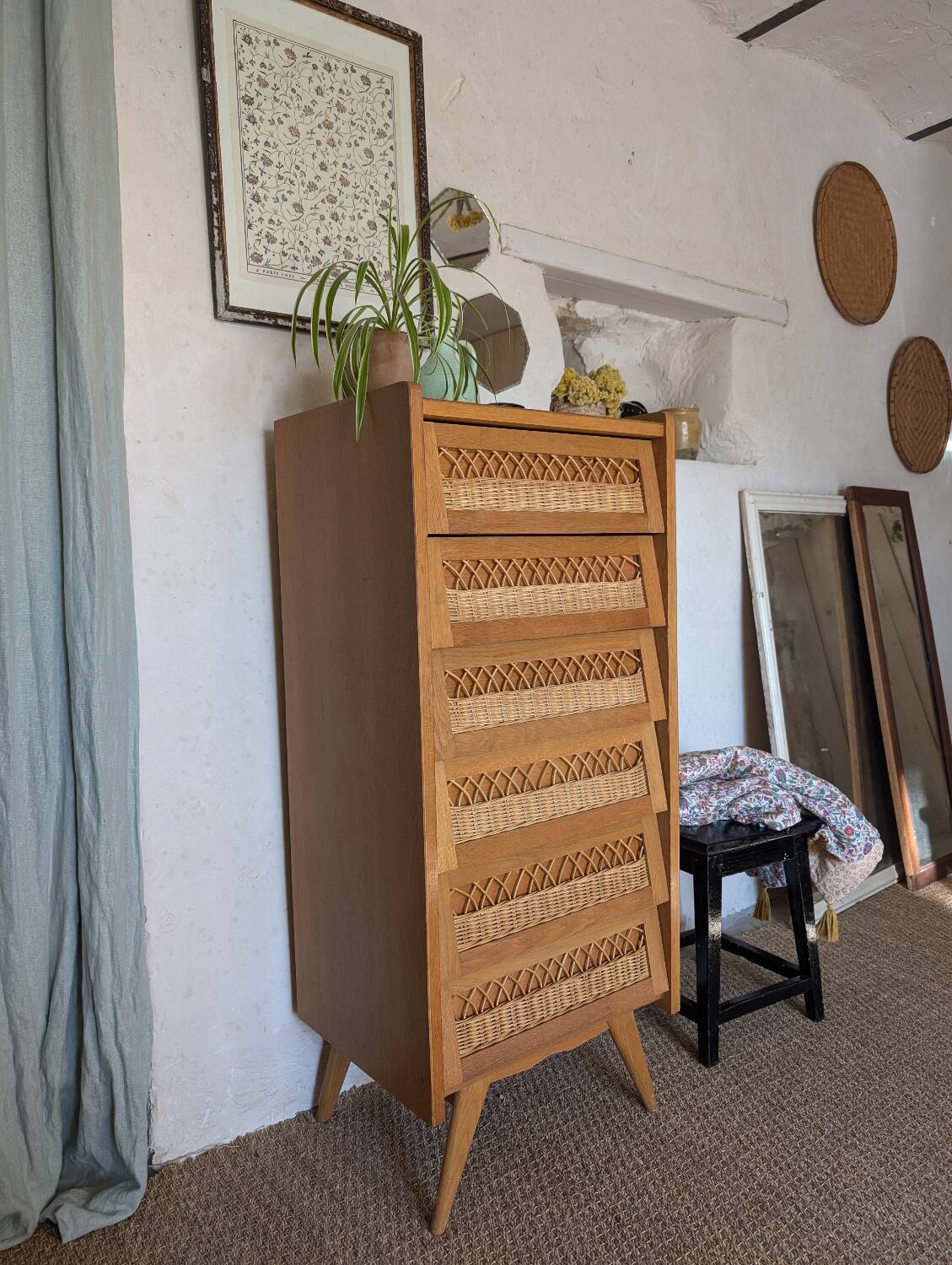 Vintage oak and rattan chiffonier
