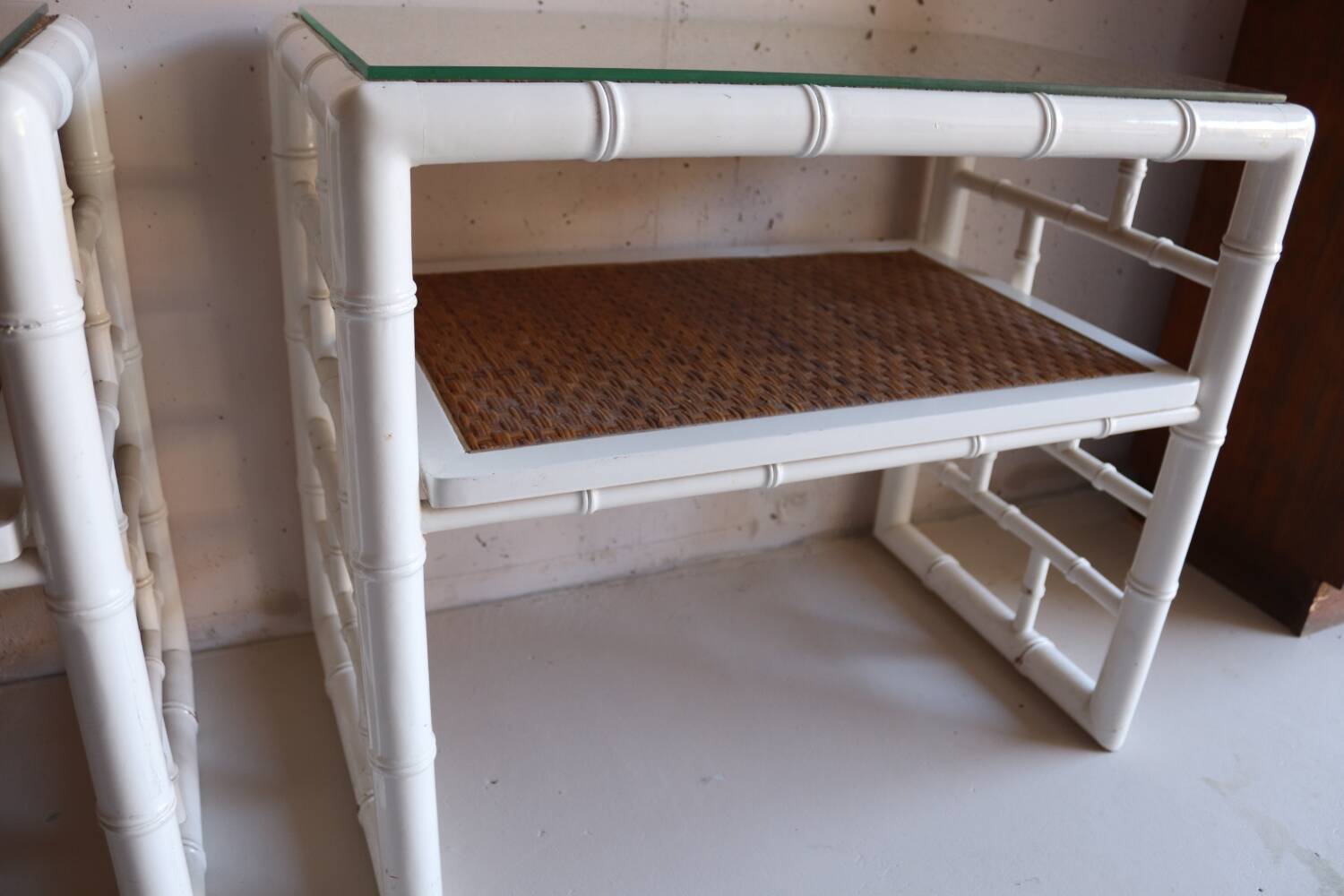 Pair of bedside tables in bamboo effect wood and woven wicker