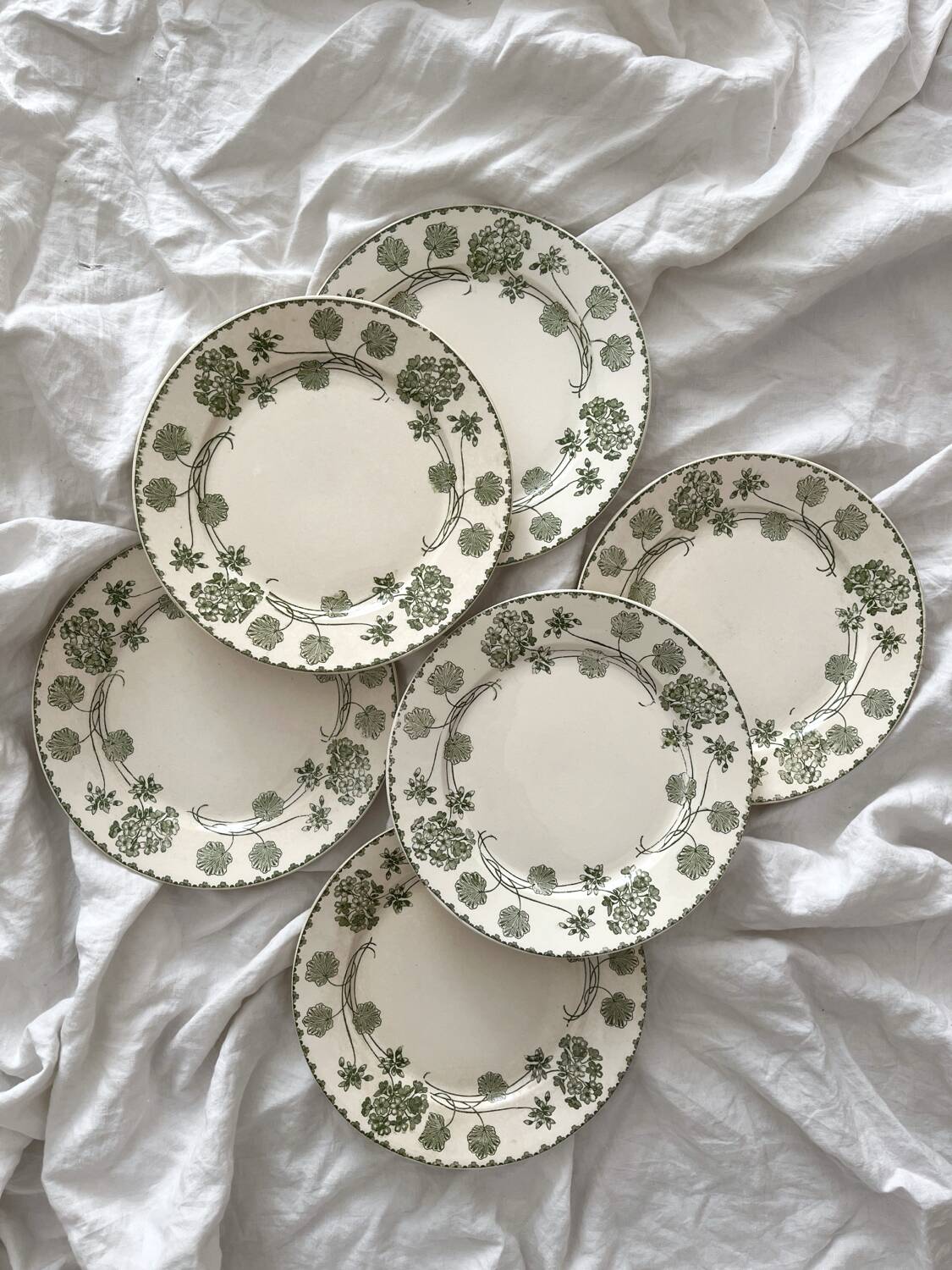 6 antique flat plates made of ironstone "Géranium" Sarreguemines
