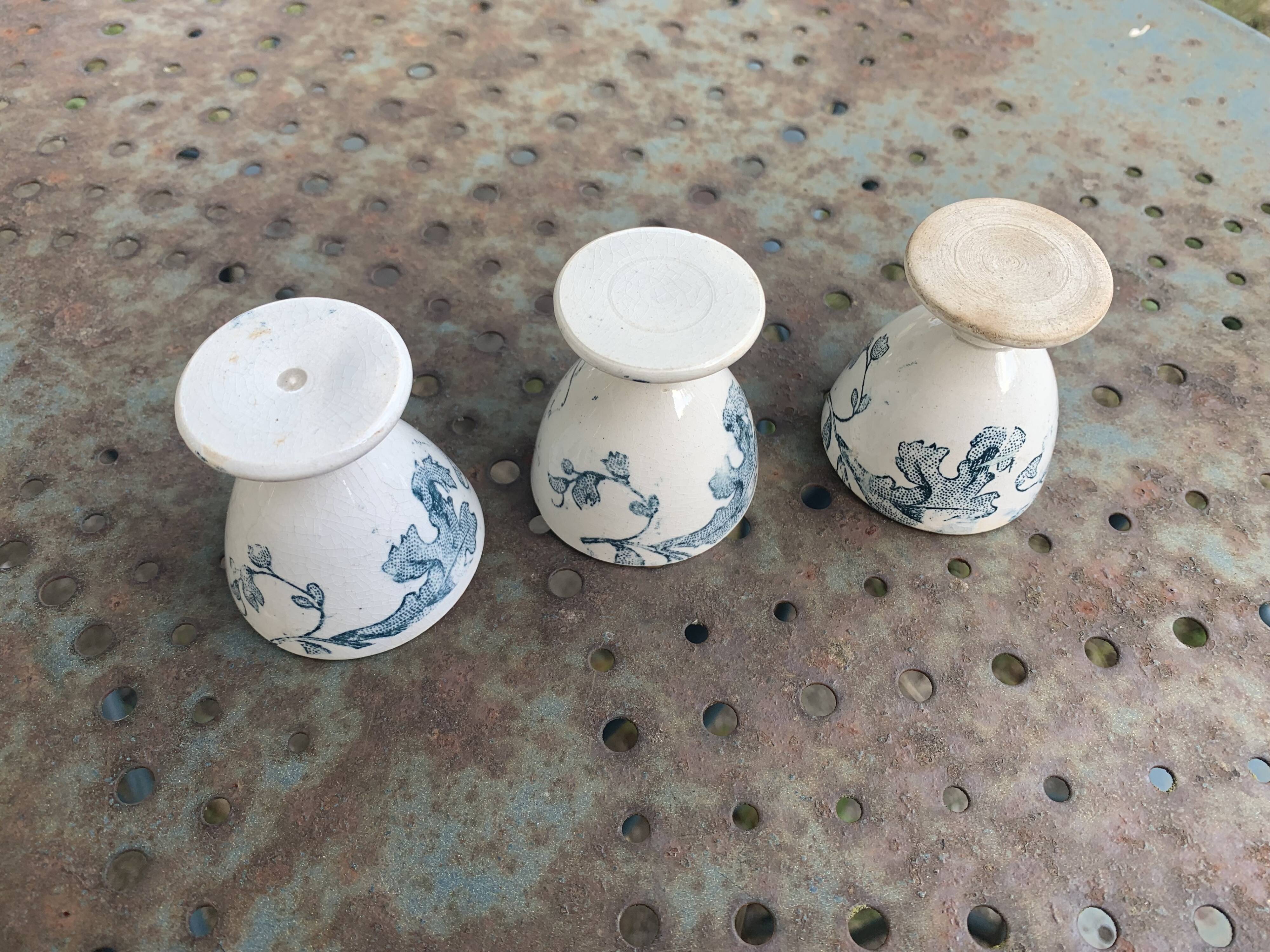 3 white earthenware egg cups, blue foliage decor, Grigny fire clay, made in France