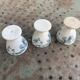 3 white earthenware egg cups, blue foliage decor, Grigny fire clay, made in France