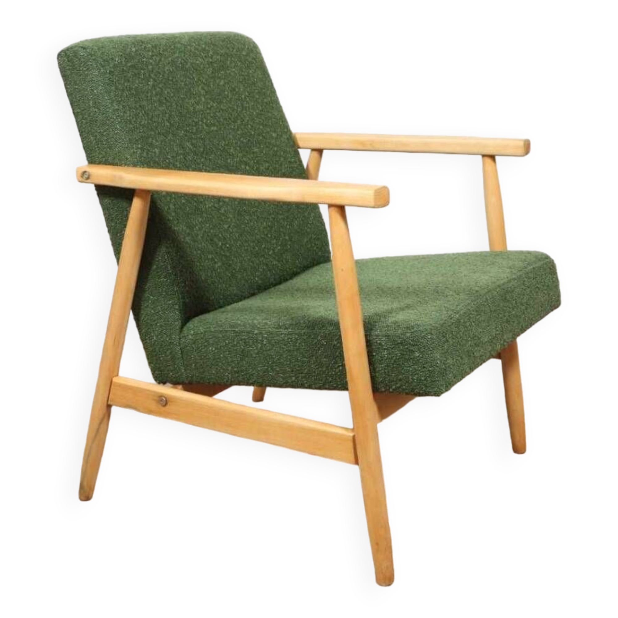 Fauteuil vintage Boucle verte bois naturel après rénovation