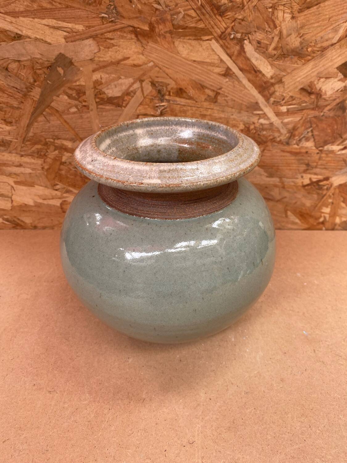 Antique vintage grey beige glazed stoneware ball vase