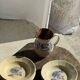 Set of 12 beige, pink, and blue deep plates from Digoin Sarreguemines, vintage.