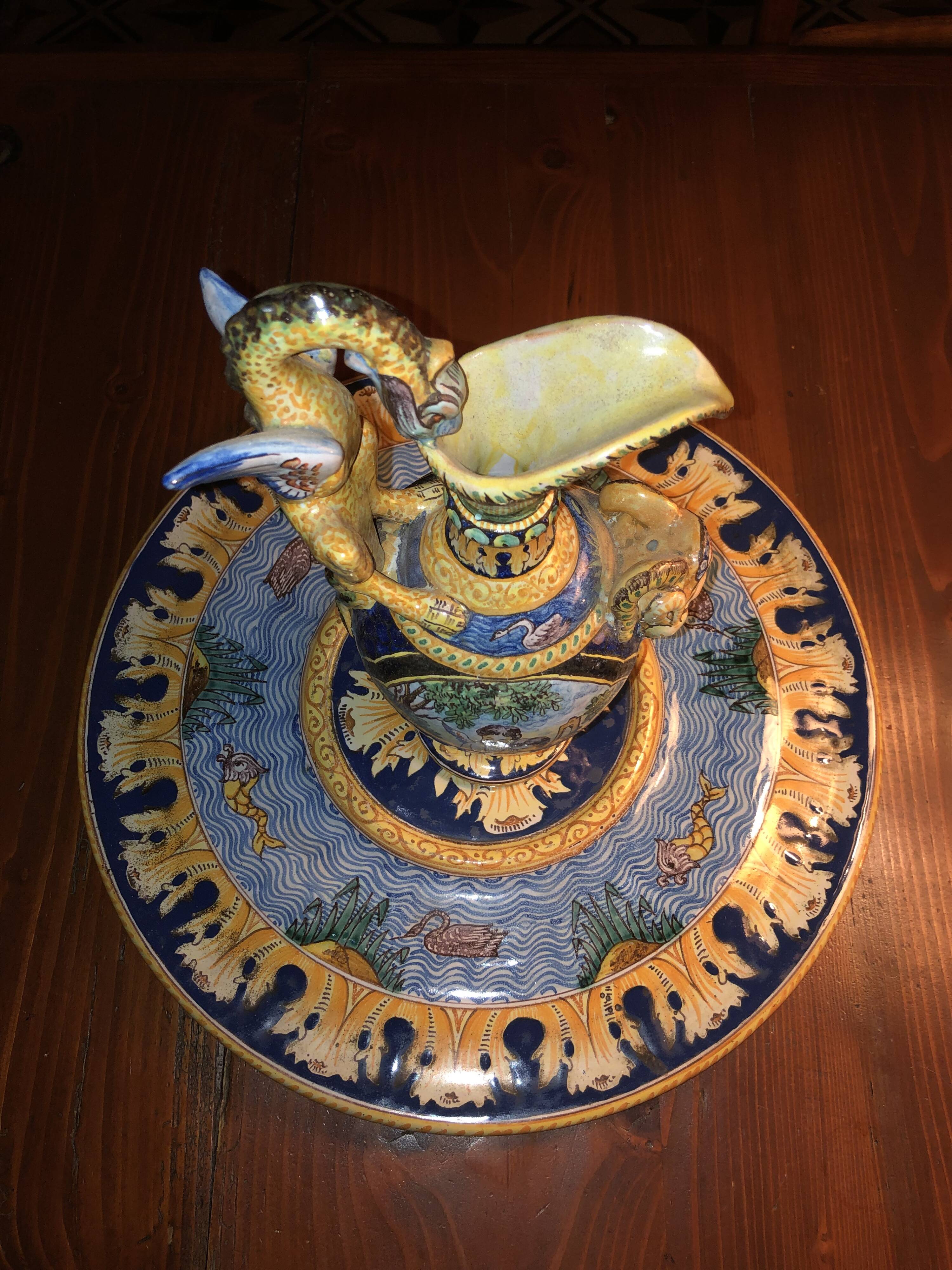 Ewer on base in Nevers earthenware Aintoine Montagnon max diameter 40 cm height 28cm